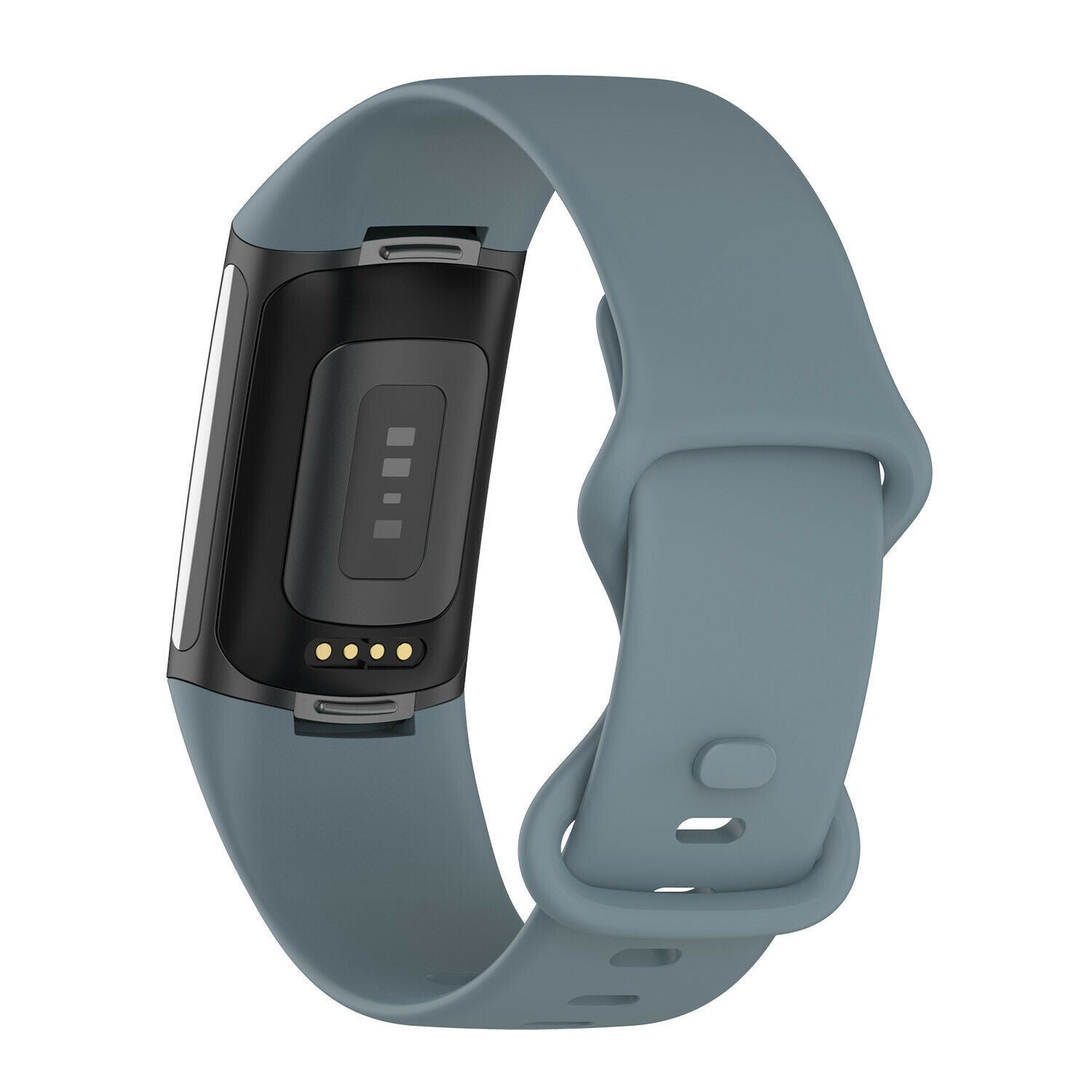 Ein grauer Fitnesstracker mit schwarzem Bildschirm. Das Armband ist ebenfalls grau. Die Uhr zeigt nach oben.
