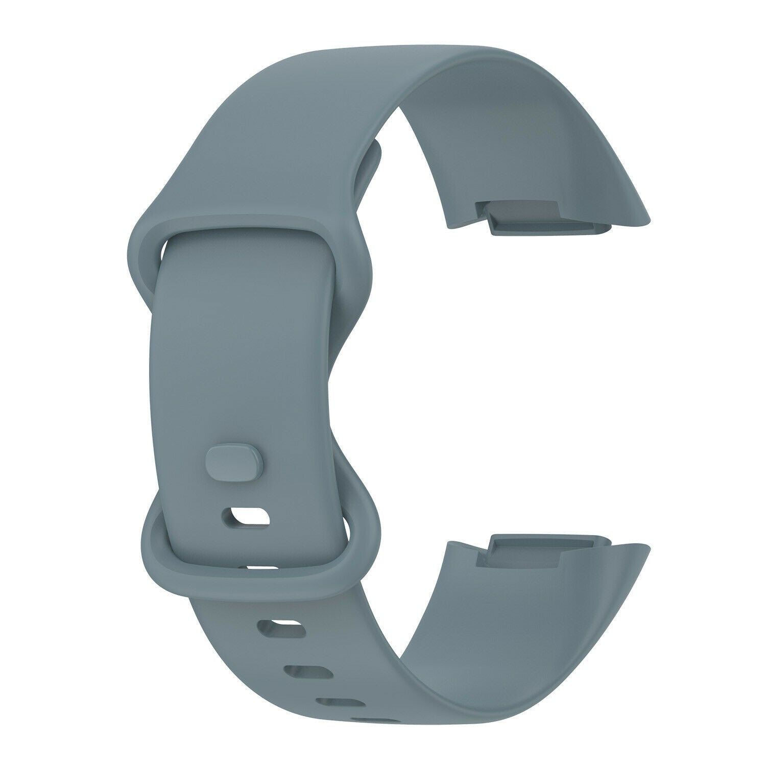 Ein graues Smartwatch-Armband ist abgebildet. Es ist abgenommen und gebogen, mit Löchern und einem Verschluss. Der Hintergrund ist weiß.