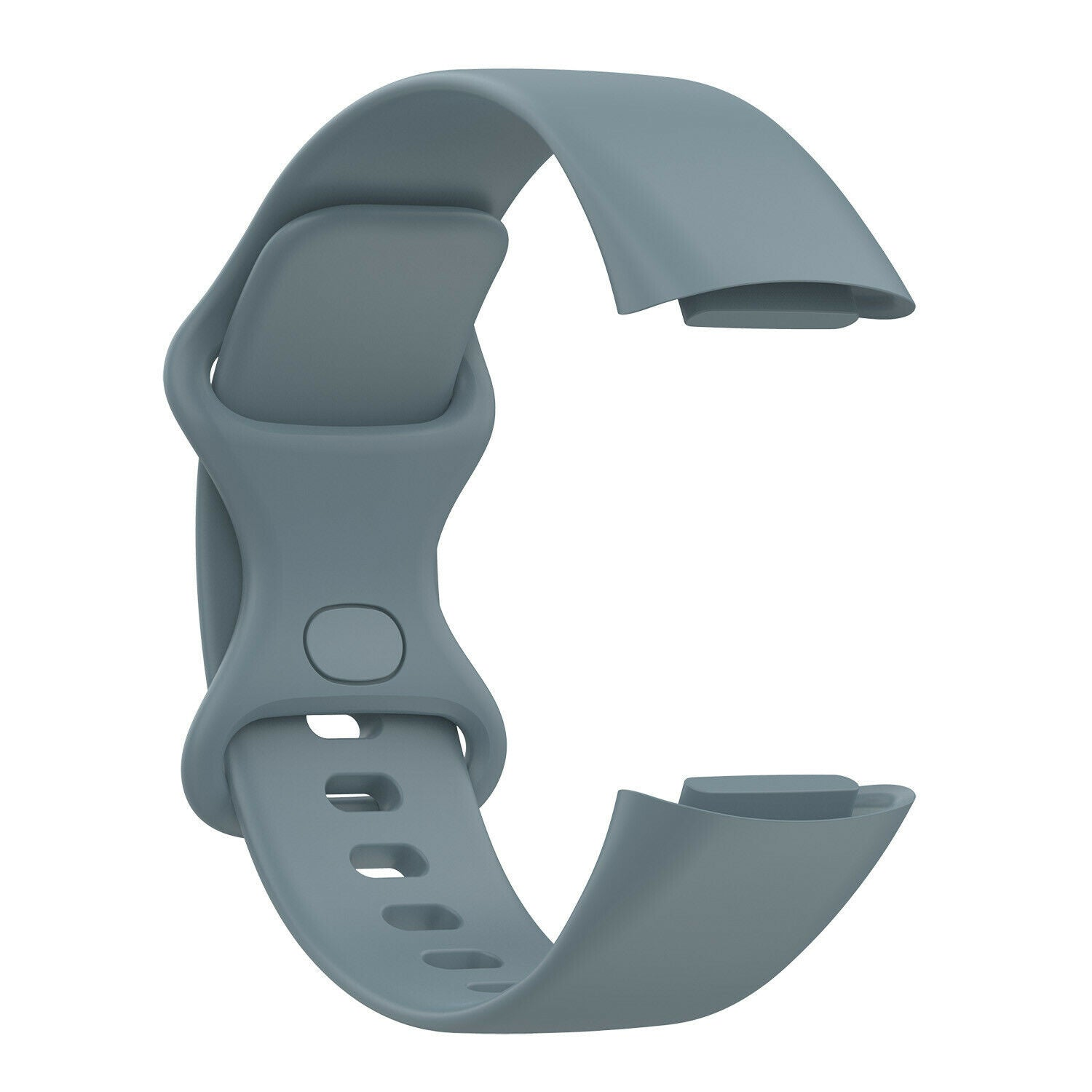 Ein gebogenes, graues Uhrenarmband. Es hat einen Verschluss und mehrere Löcher. Das Band besteht aus flexiblem Material.