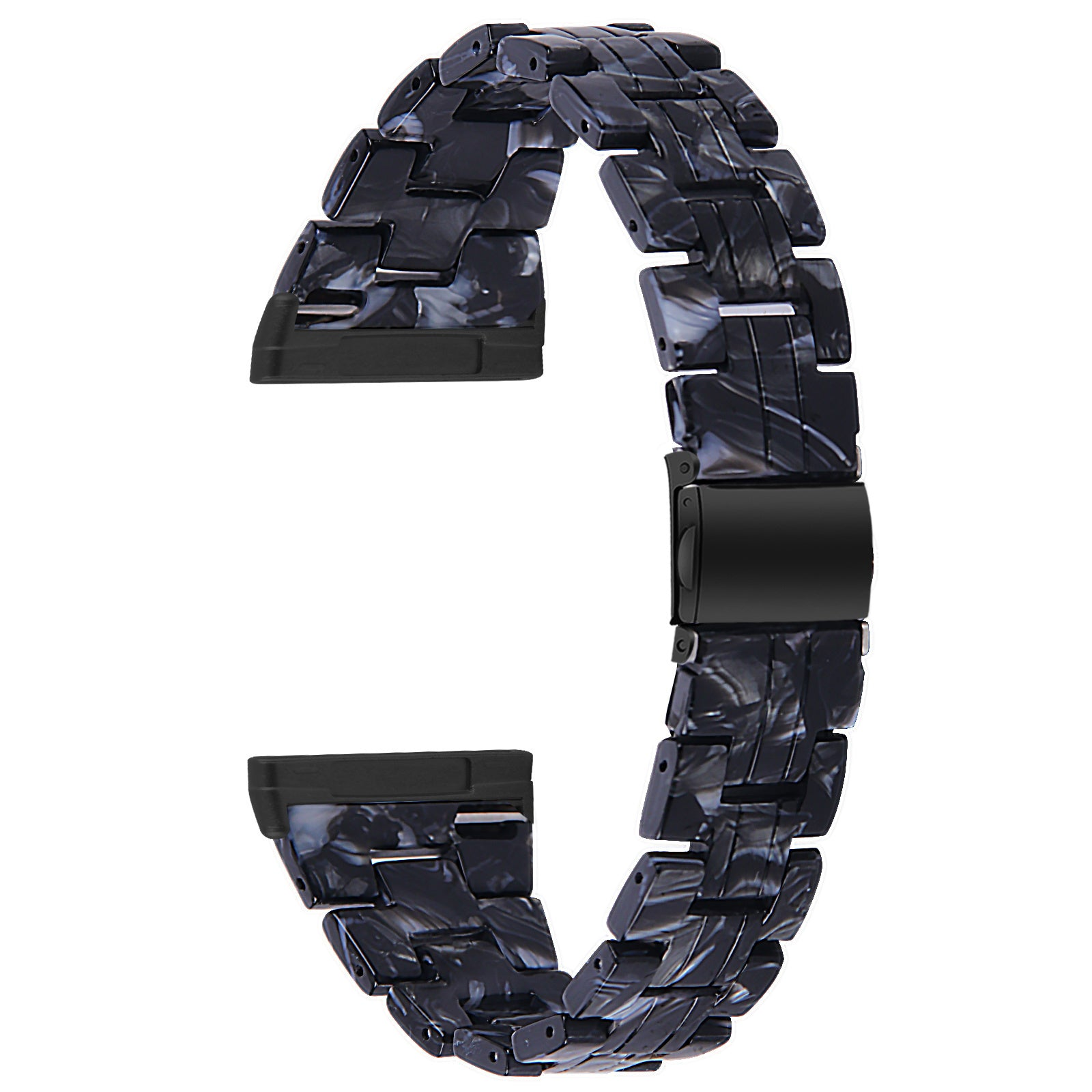 Ein schwarzes Uhrenarmband mit marmorähnlichem Design. Das Armband besteht aus rechteckigen Gliedern und hat einen schwarzen Verschluss.