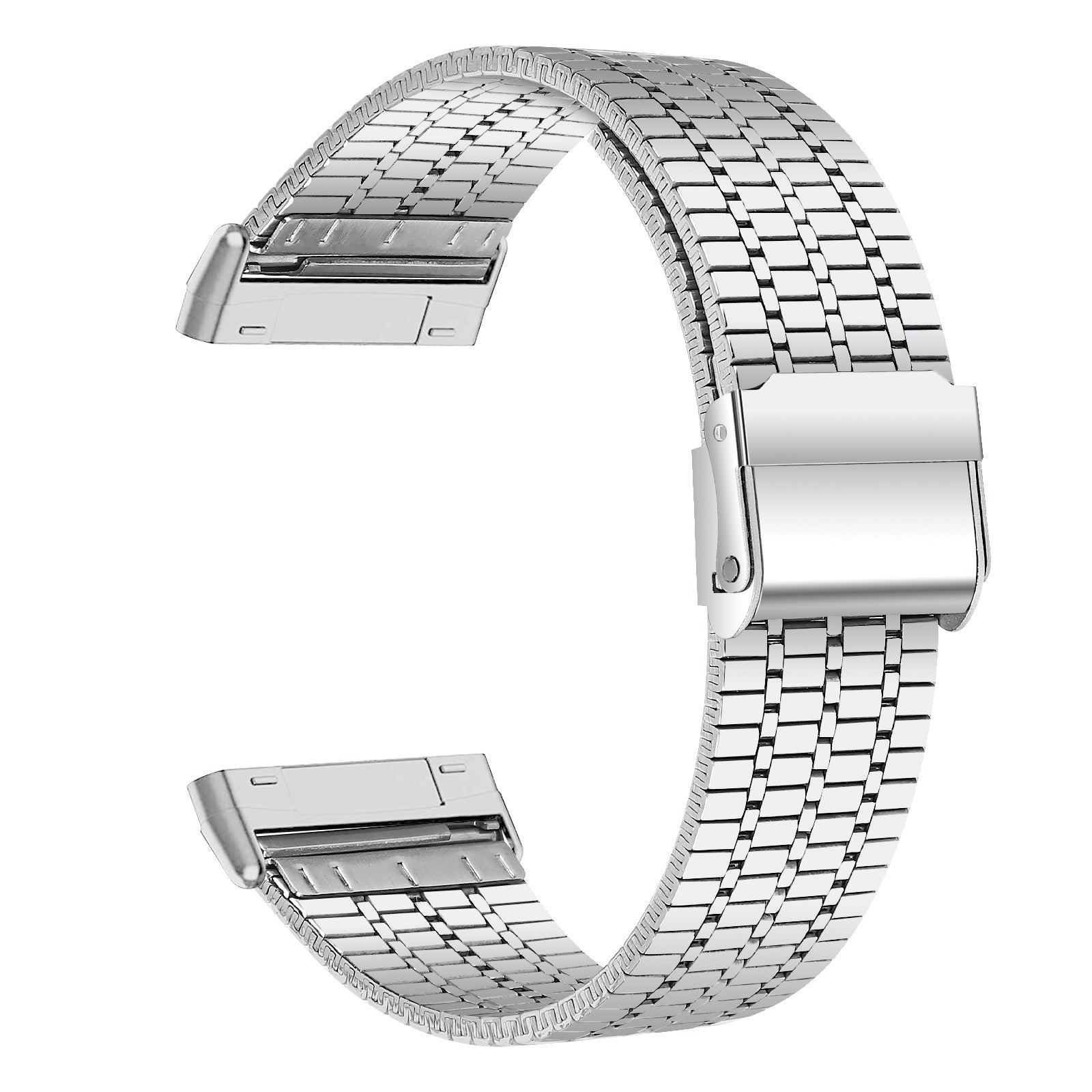 Ein silbernes Metall-Armband, C-förmig gebogen, vor weißem Hintergrund. Das Armband hat ein rechteckiges Muster.