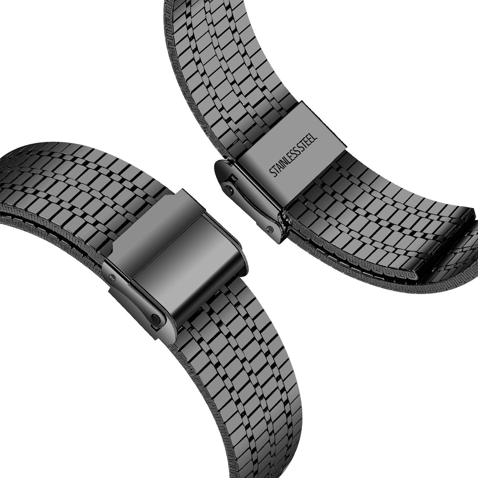 Zwei schwarze Edelstahl-Uhrenarmbänder. Ein Band hat einen Verschluss, das andere die Worte Edelstahl.