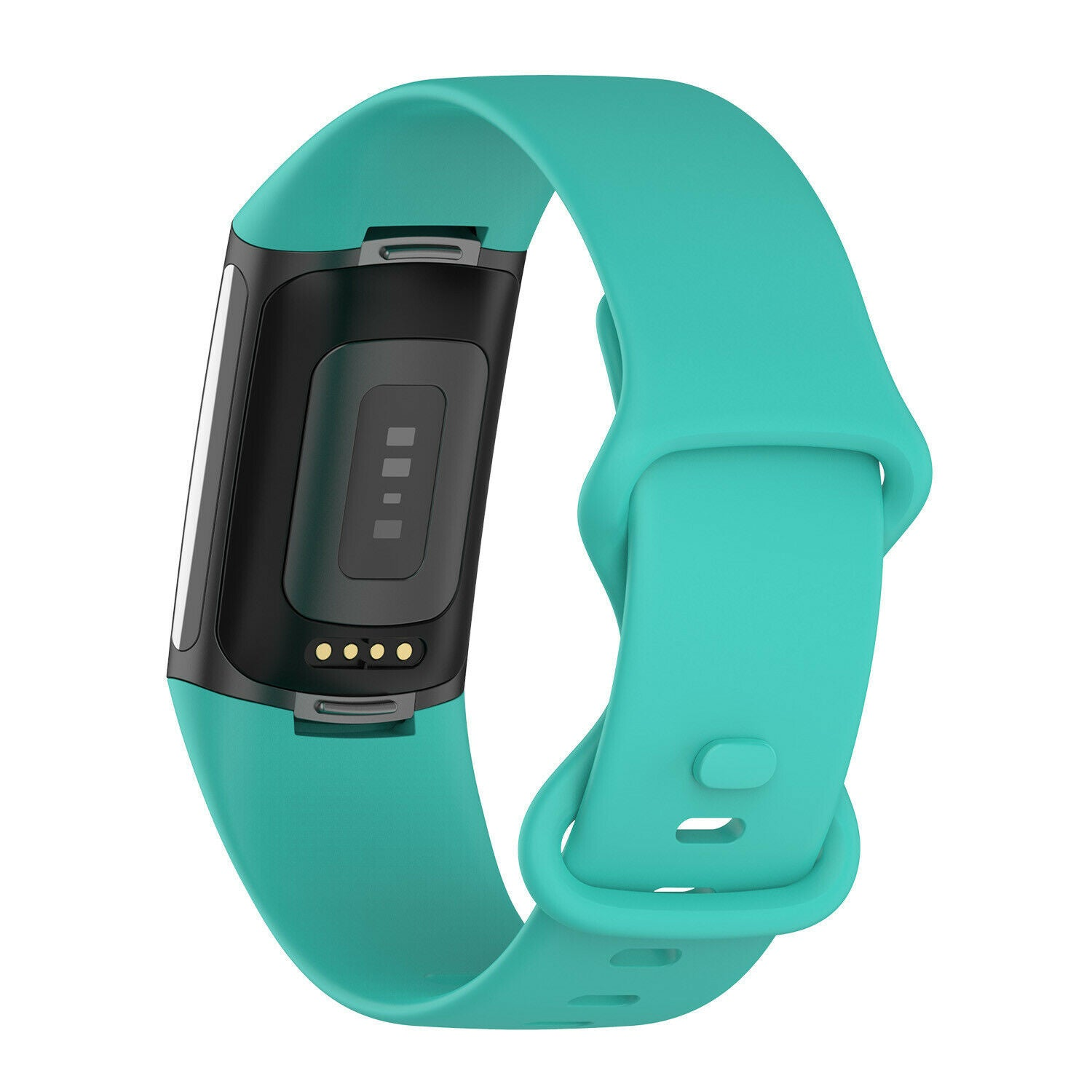 Ein türkisfarbenes Fitness-Tracker-Armband. Der Tracker hat einen schwarzen Bildschirm und Sensorbereich. Das Armband besteht aus flexiblem Material.