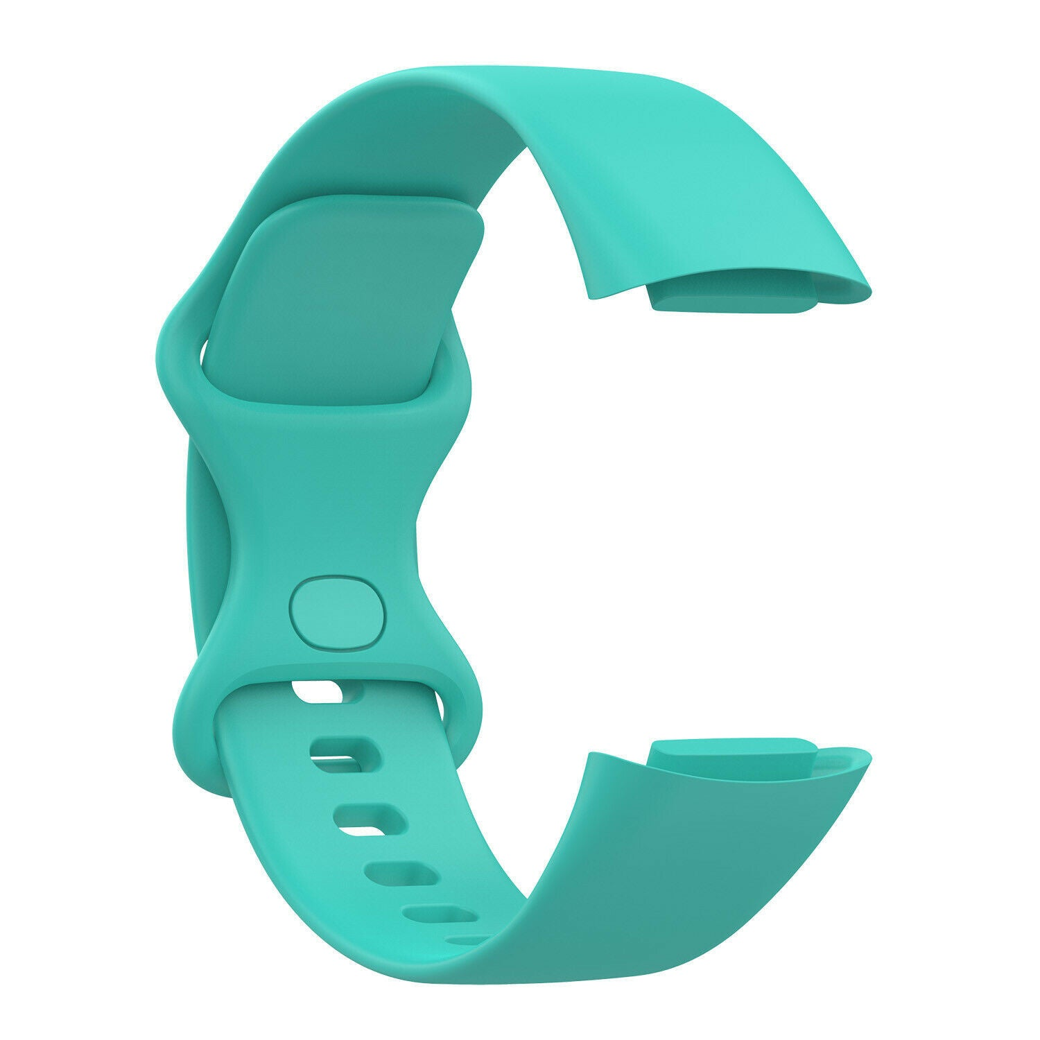 Ein türkisfarbenes Smartwatch-Armband vor weißem Hintergrund. Es ist C-förmig gebogen und hat Löcher und einen Verschluss zur Anpassung.
