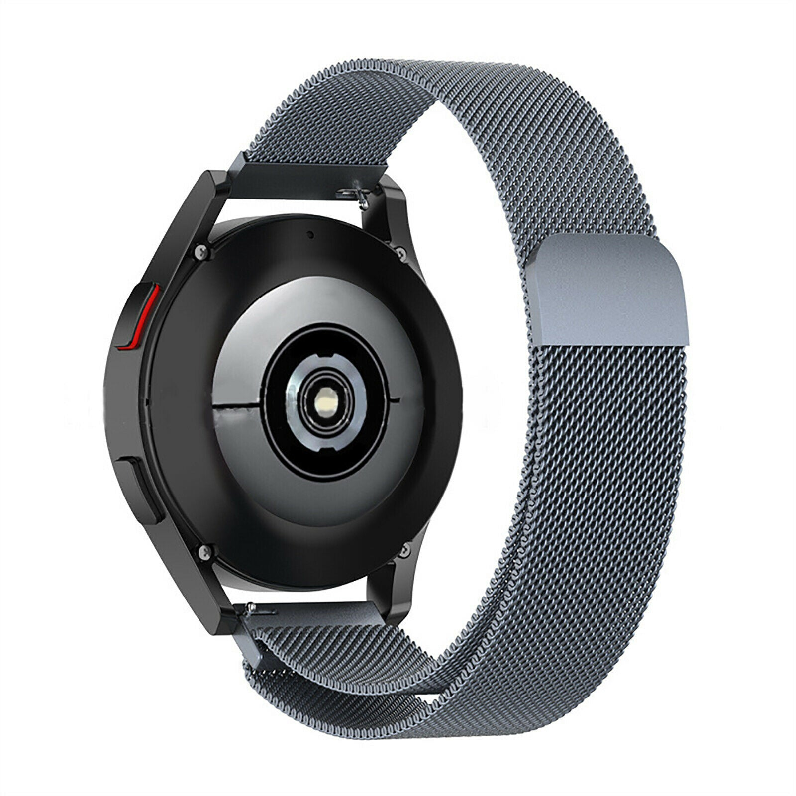 Eine schwarze Smartwatch mit grauem Mesh-Armband. Die Rückseite der Uhr ist sichtbar. Das Armband bildet eine Schleife.