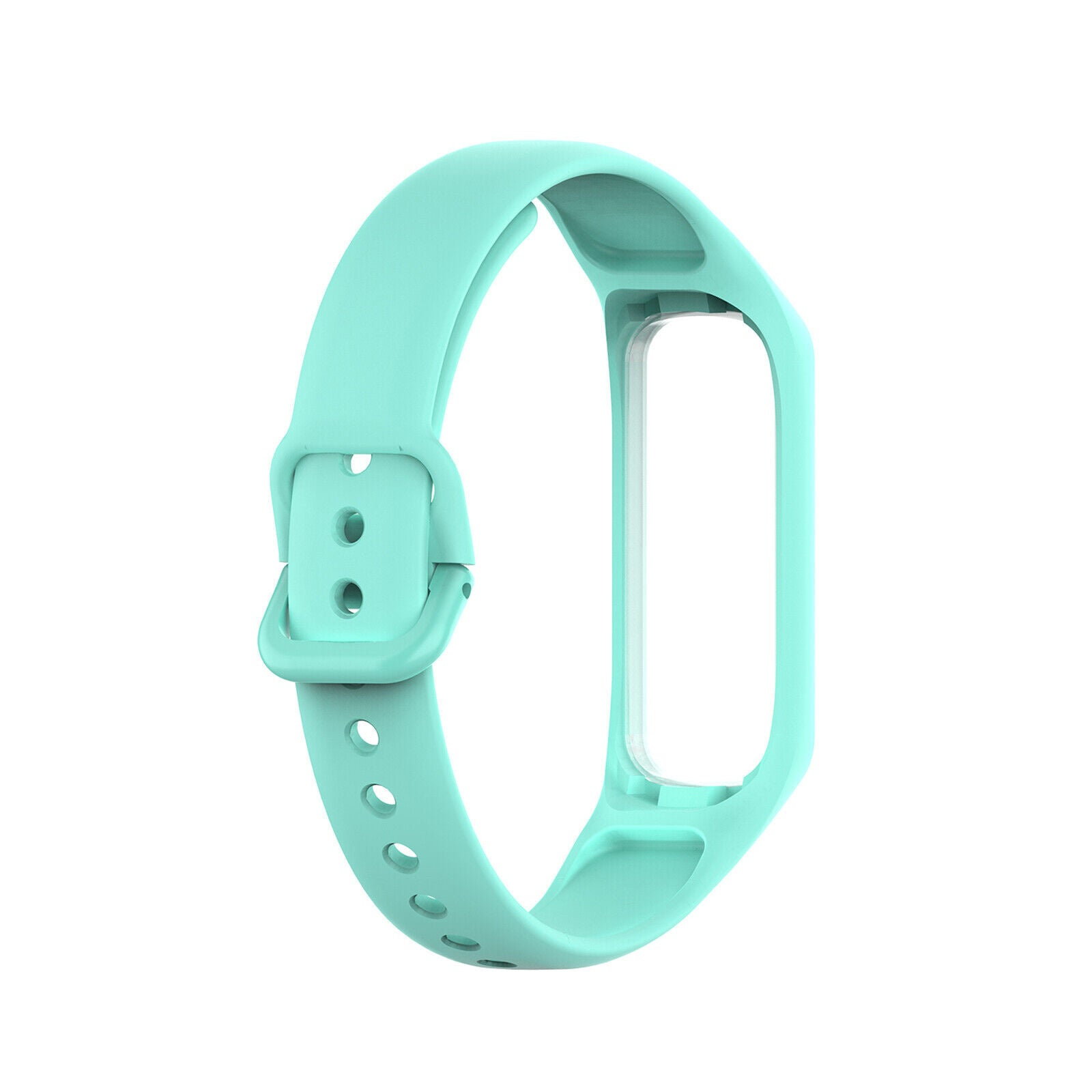Ein helltürkisfarbenes Uhrenarmband mit Schnalle und einem transparenten Rechteck für das Zifferblatt, isoliert auf Weiß.