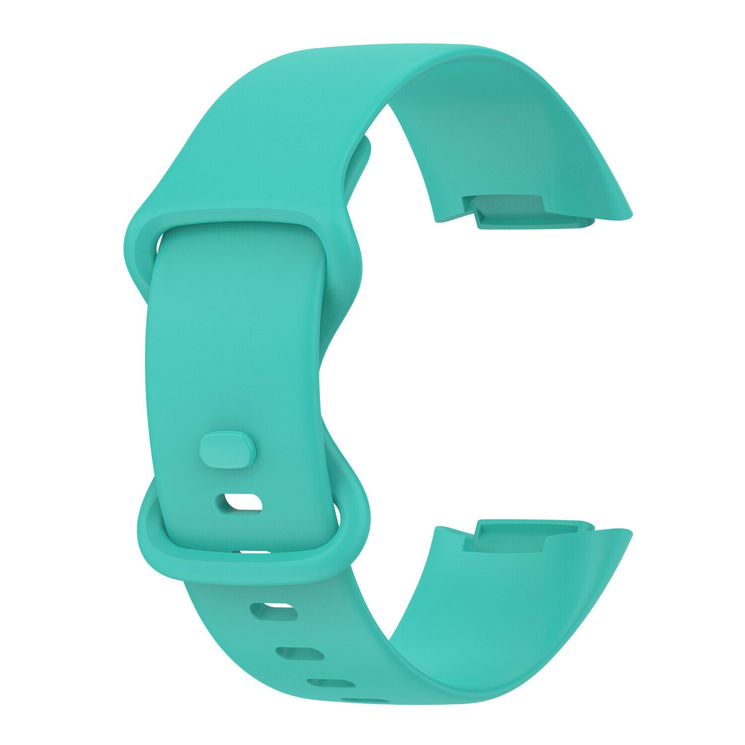 Ein türkisfarbenes Uhrenarmband vor weißem Hintergrund. Es hat ein gebogenes Design mit einer Schnalle und mehreren Löchern.