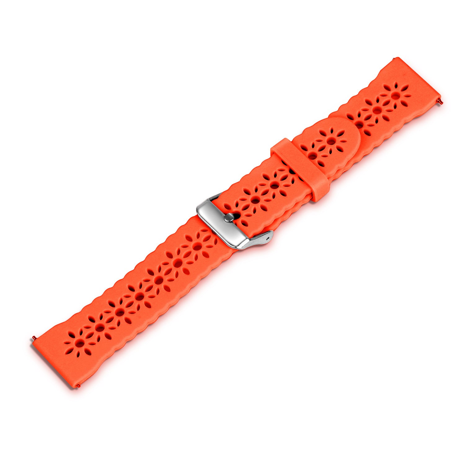 Ein orangefarbenes Uhrenarmband mit blütenförmigen Aussparungen und einer silbernen Schnalle liegt schräg auf weißem Grund.