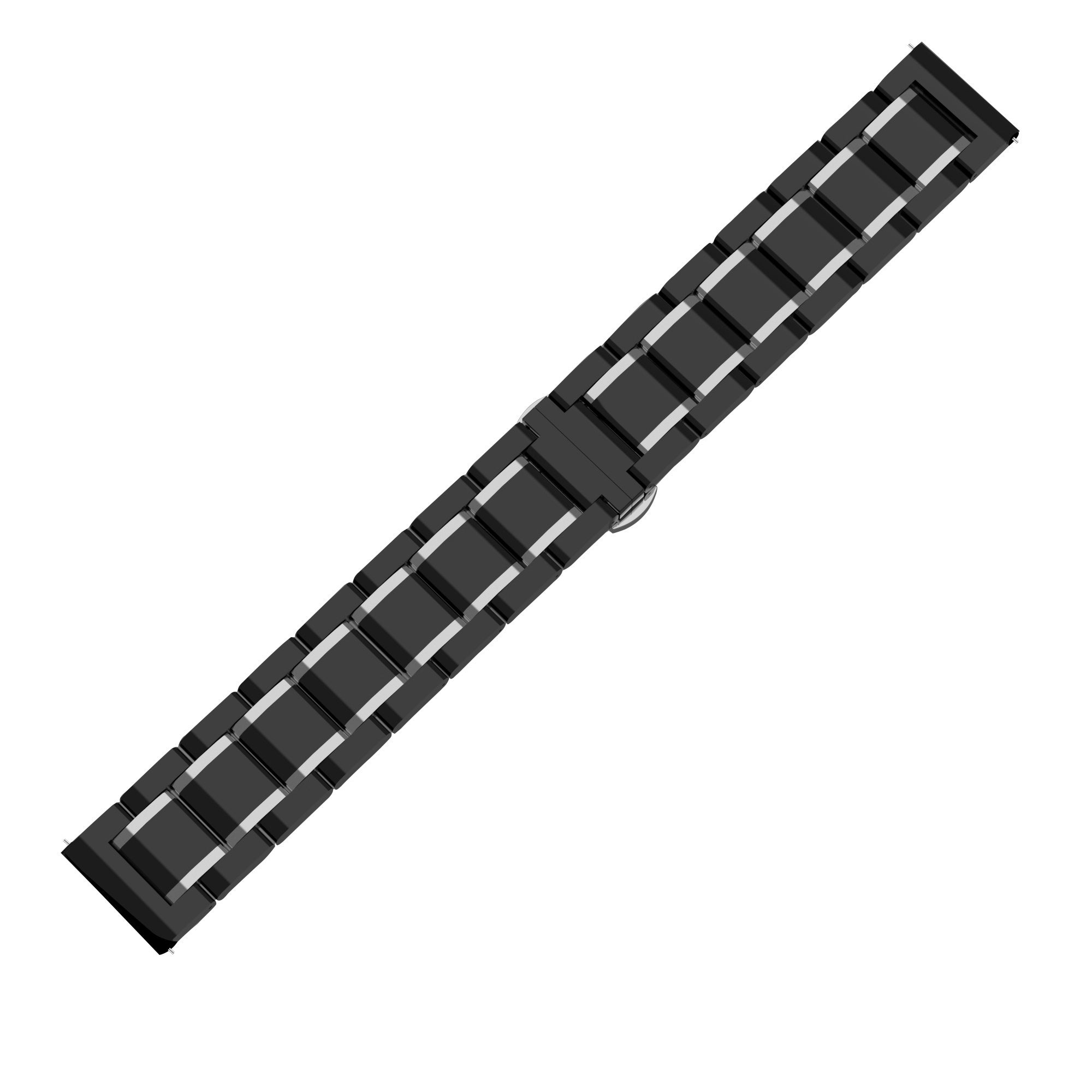 Ein schwarzes Uhrenarmband mit silbernen Akzenten liegt diagonal auf weißem Hintergrund.