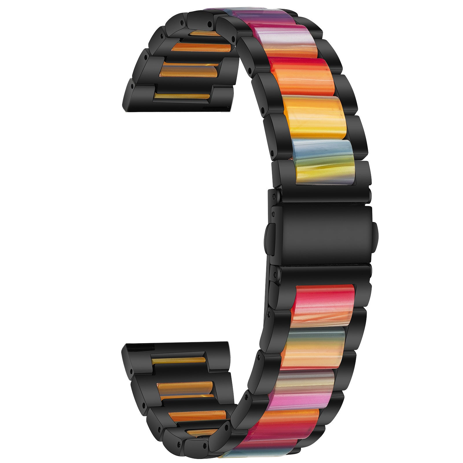 Ein schwarzes Uhrenarmband mit bunten, regenbogenartigen Gliedern. Das Armband ist gebogen und zeigt seine Struktur und sein Design.