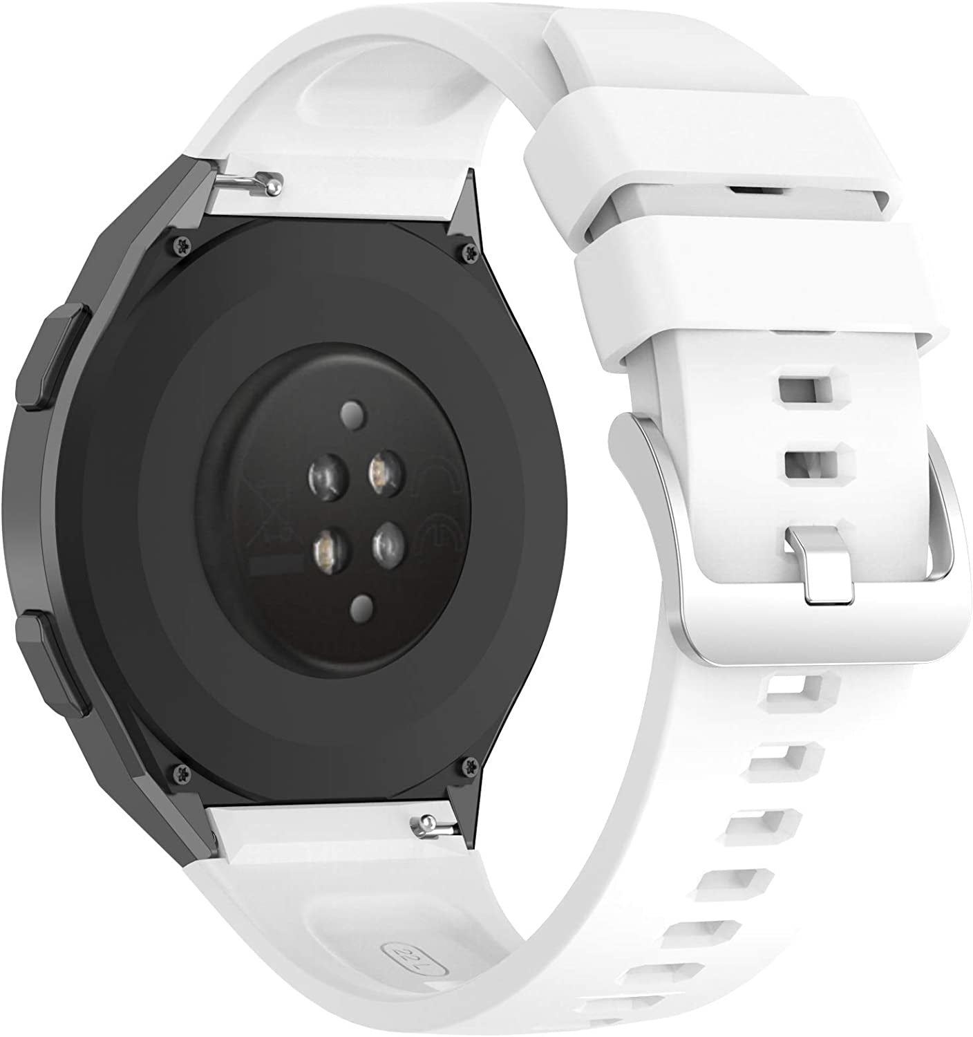 Nahaufnahme einer Smartwatch. Es hat ein schwarzes Zifferblatt mit weißen Armbändern und einer silbernen Schließe. Die Rückseite hat Sensoren.