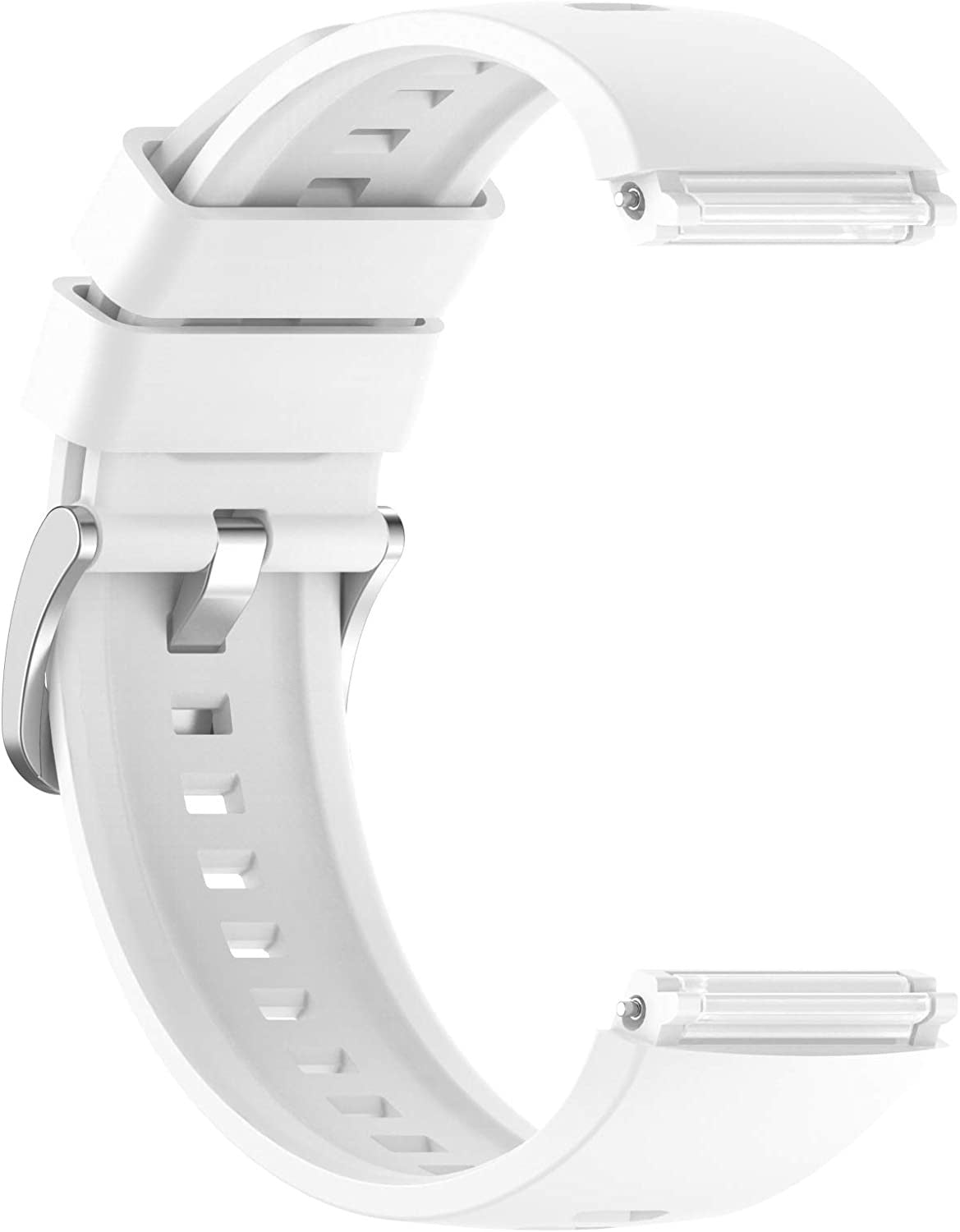 Ein weißes Uhrenarmband ist gebogen. Es hat eine Schnalle und Löcher zur Einstellung. Der Hintergrund ist weiß.