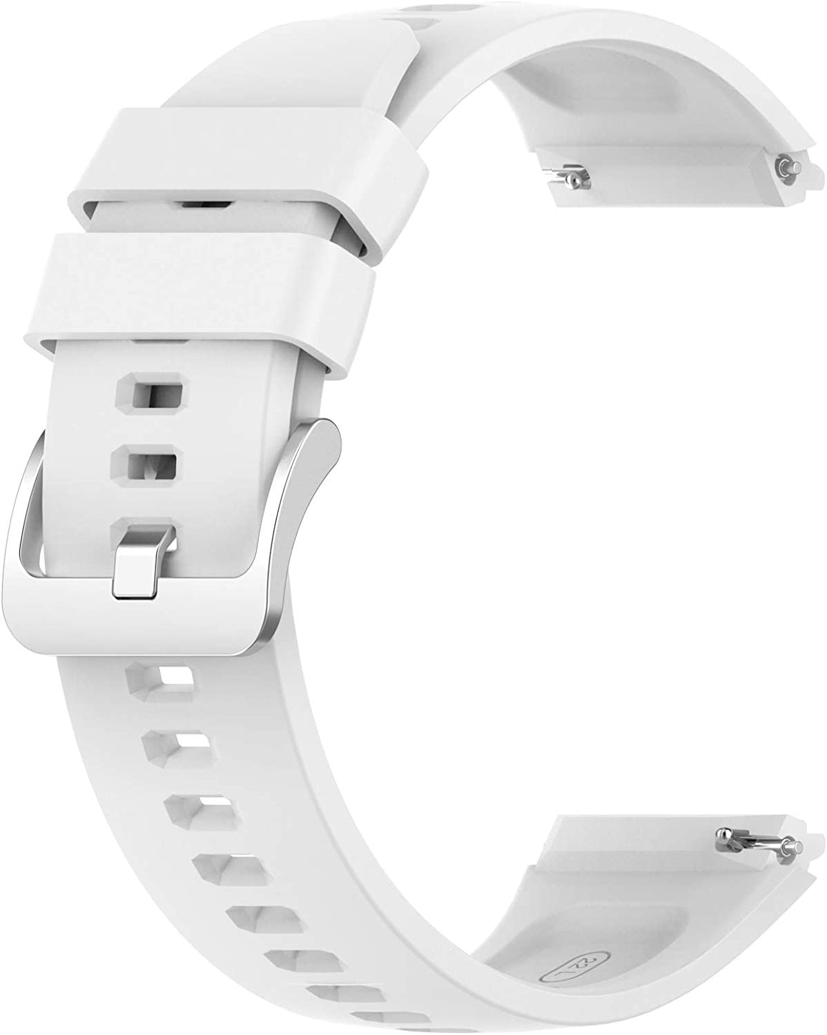 Ein weißes Uhrenarmband mit silberner Schnalle. Das Band ist gebogen und hat mehrere Verstelllöcher. Der Hintergrund ist schlicht.