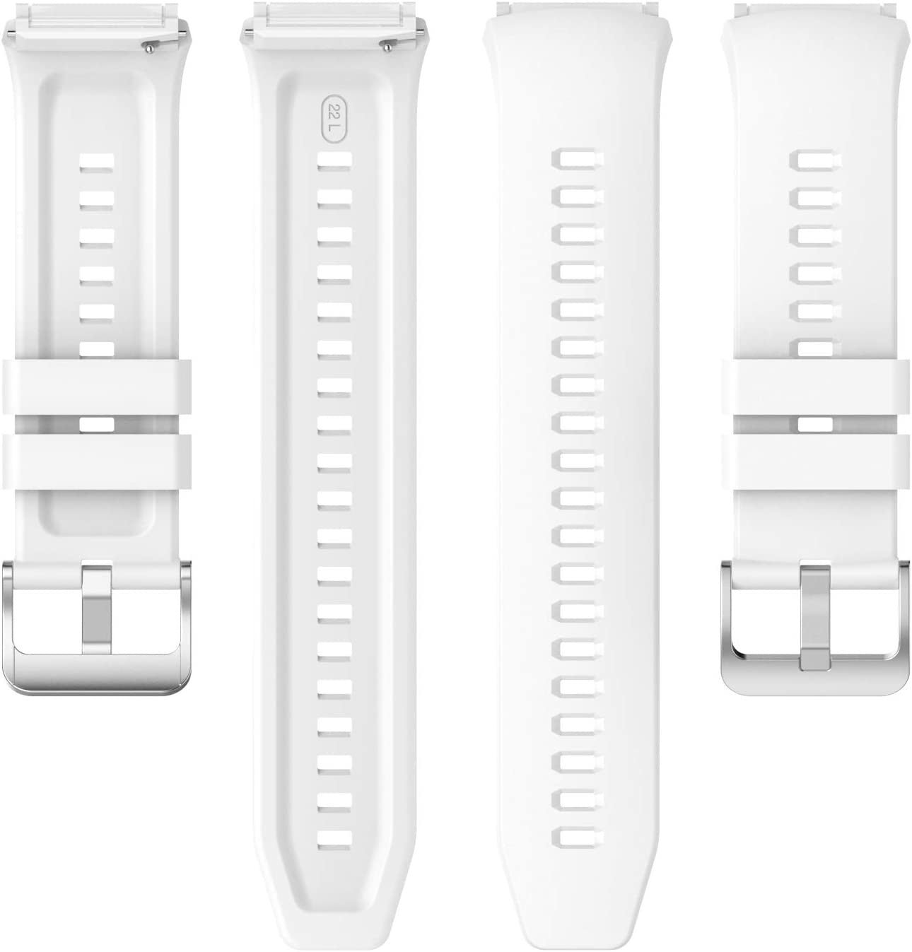 Vier weiße Uhrenarmbänder mit silbernen Schnallen. Auf einem Band steht "22 L". Alle Bänder sind neu und sauber.