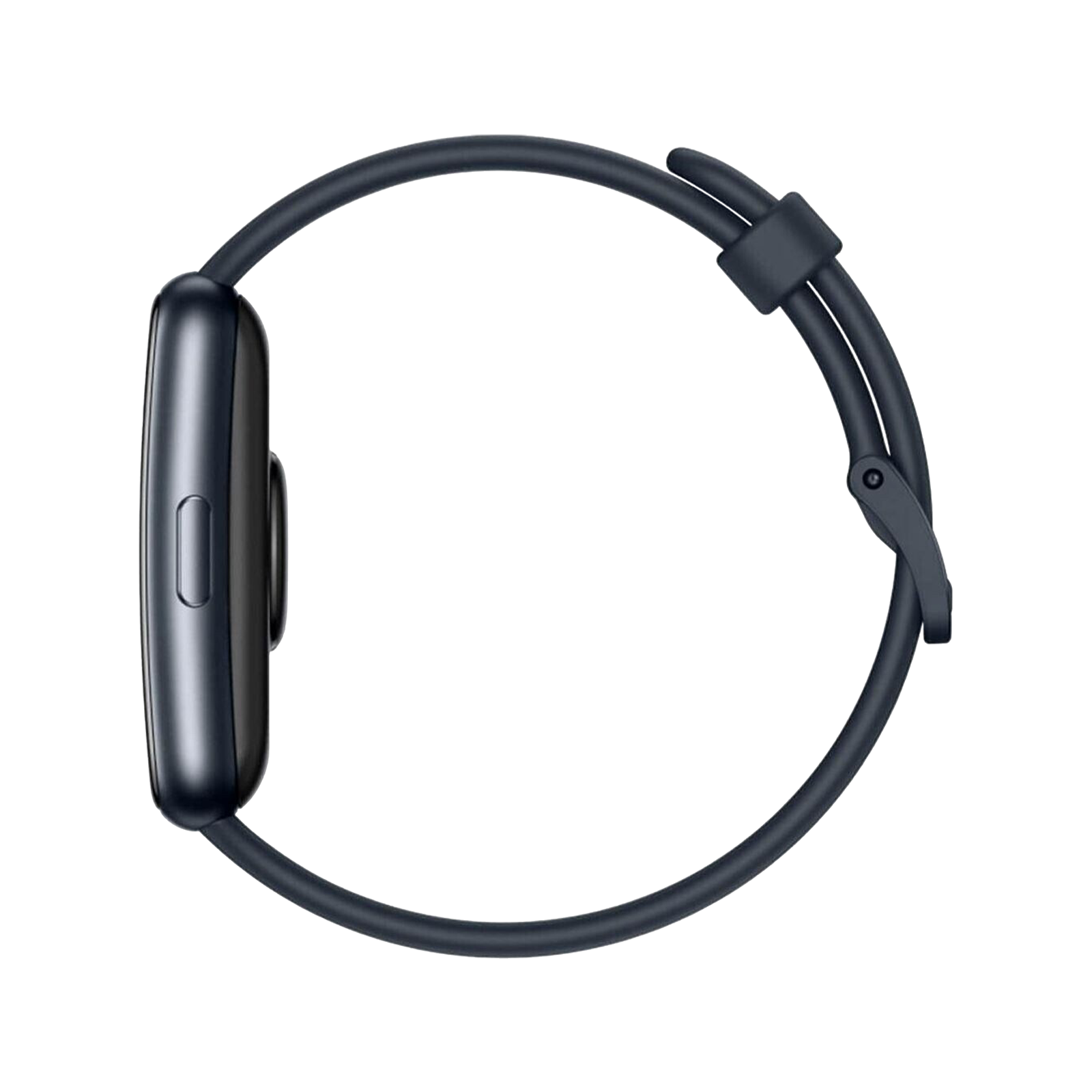 Widok z boku ciemnoniebieskiego smartwatcha. Pasek jest również ciemnoniebieski, tworząc okrąg. Zegarek ma prostokątny ekran.