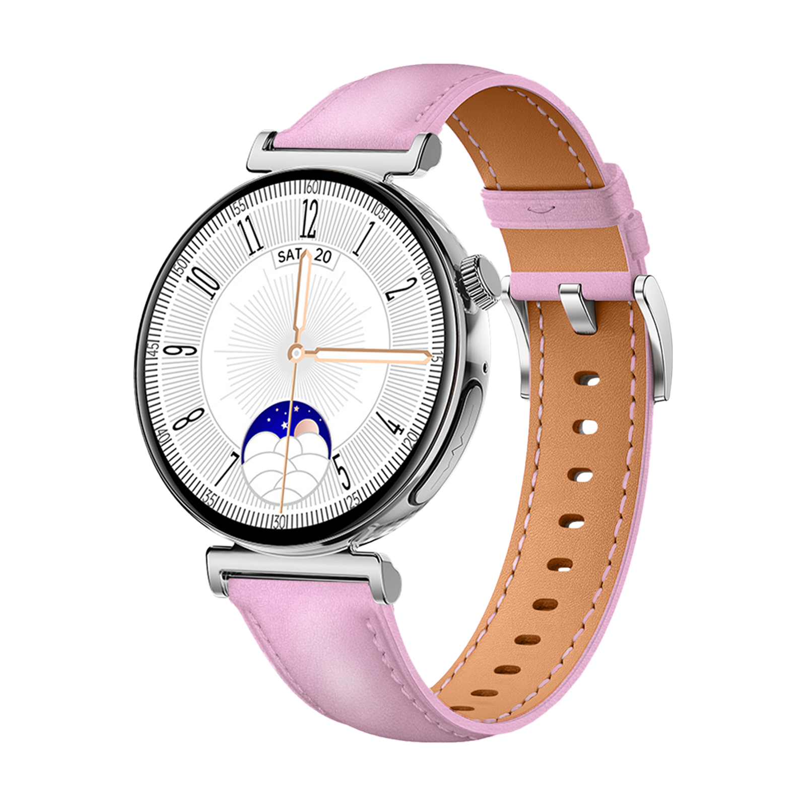 Eine silberne Smartwatch mit rosa Lederarmband. Das Zifferblatt ist weiß mit schwarzen Zahlen und goldenen Zeigern. Der Riemen ist rosa.
