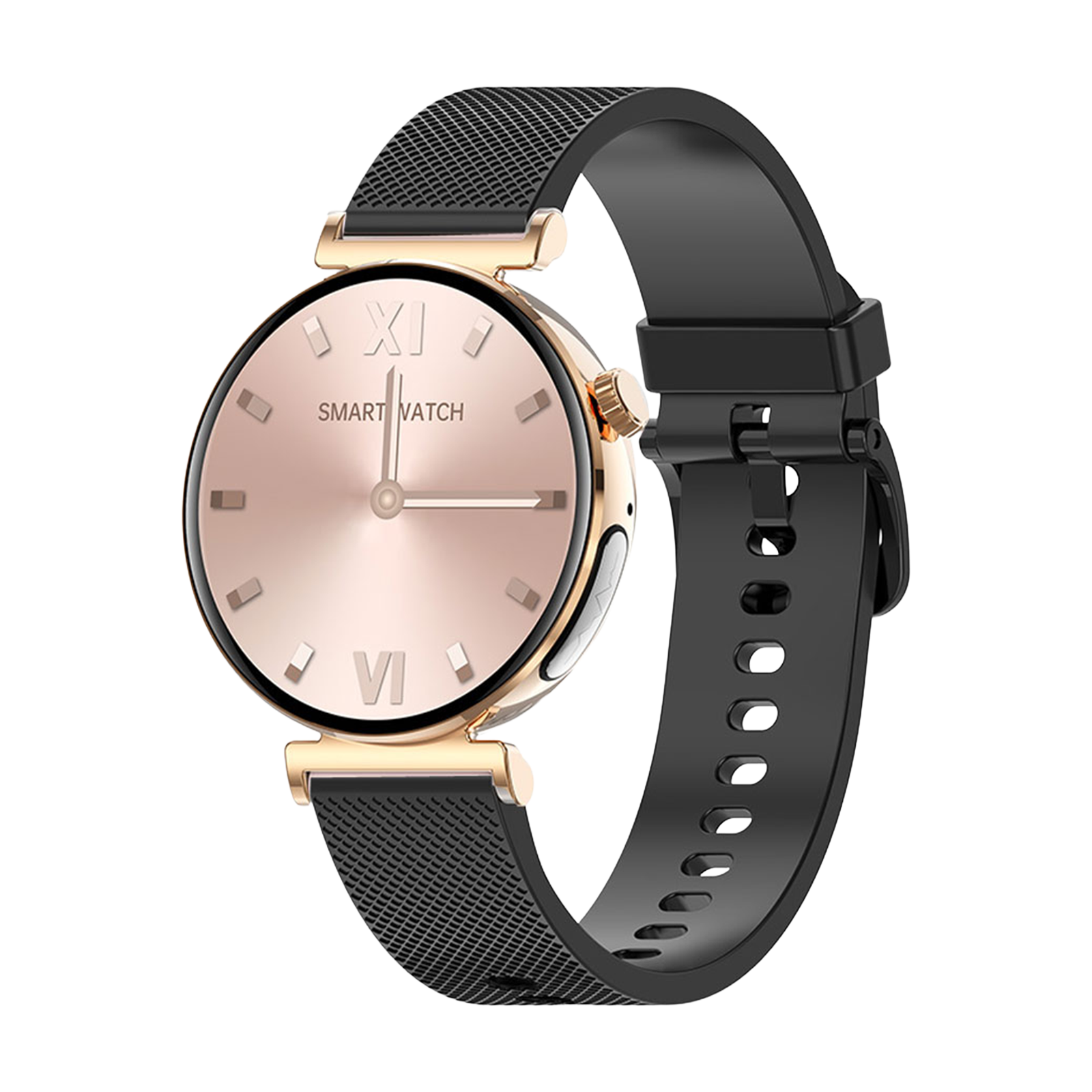 Eine Smartwatch mit goldenem Gehäuse und roségoldenem Zifferblatt. Sie hat ein schwarzes Mesh-Armband und ein schwarzes Kautschukarmband.