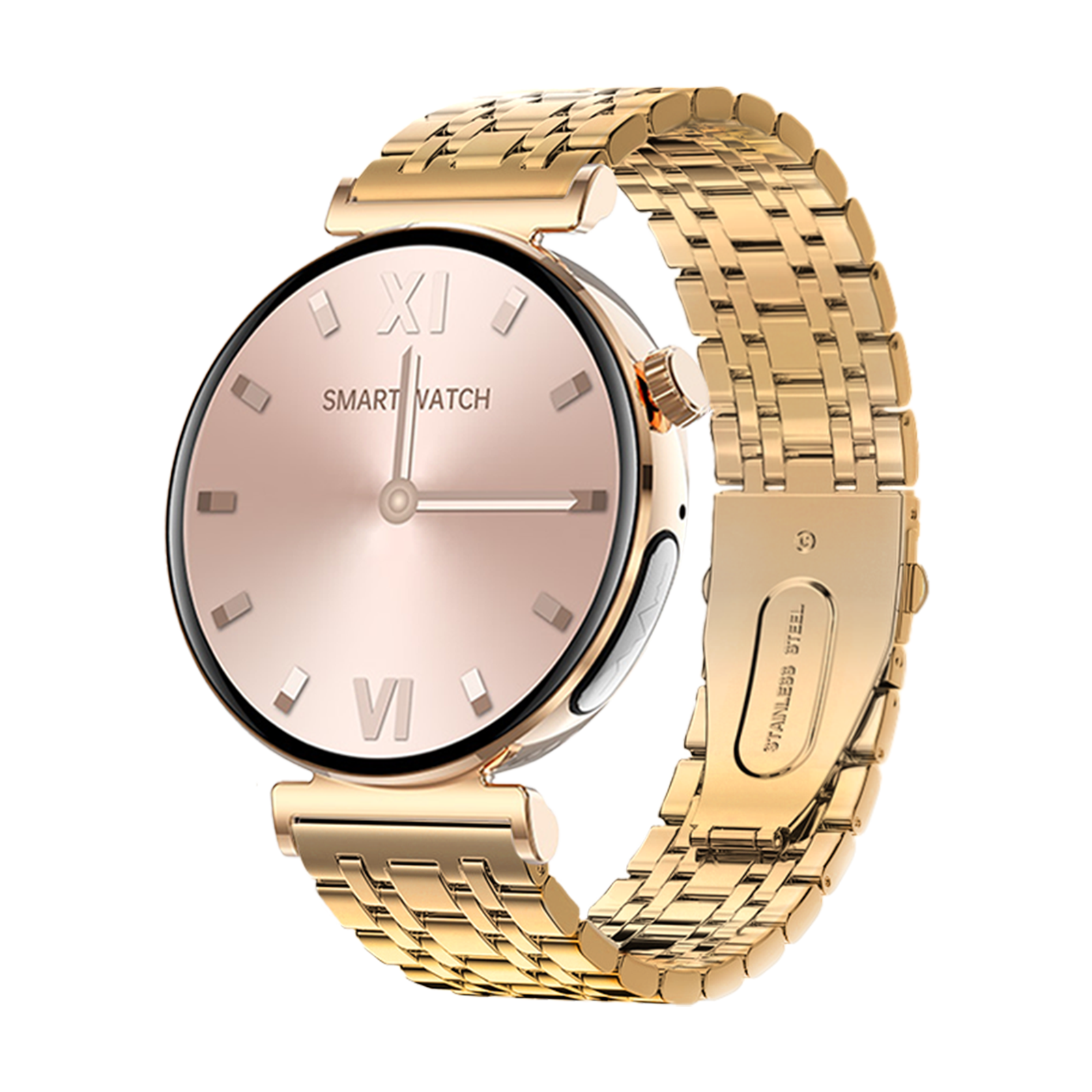 Goldene Smartwatch mit rosa Zifferblatt und goldenem Armband, zeigt die Zeit 10:09 an. Das Armband ist aus Edelstahl.