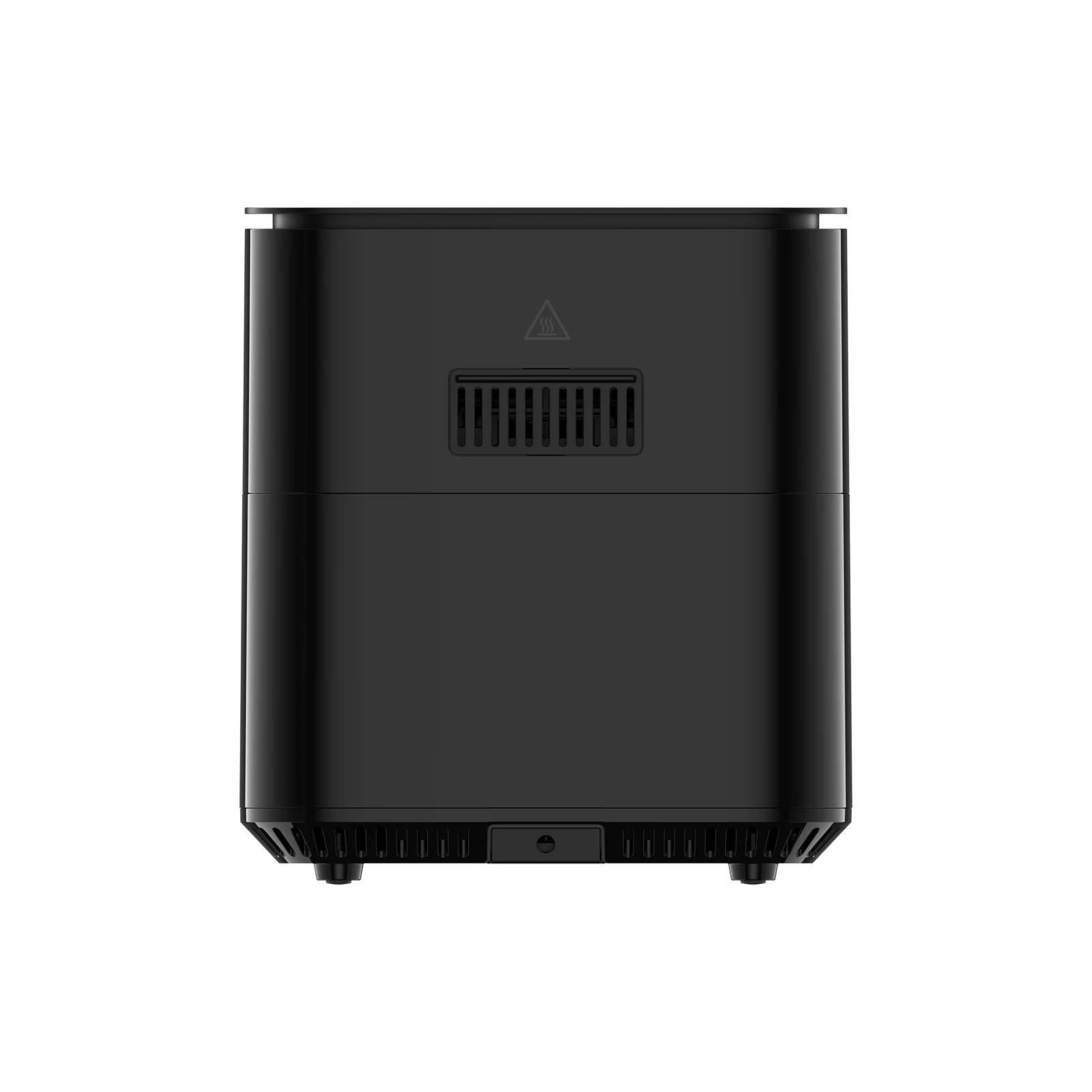 Czarna frytkownica powietrzna z symbolem ostrzegawczym i wentylacją z tyłu. Na białym tle.