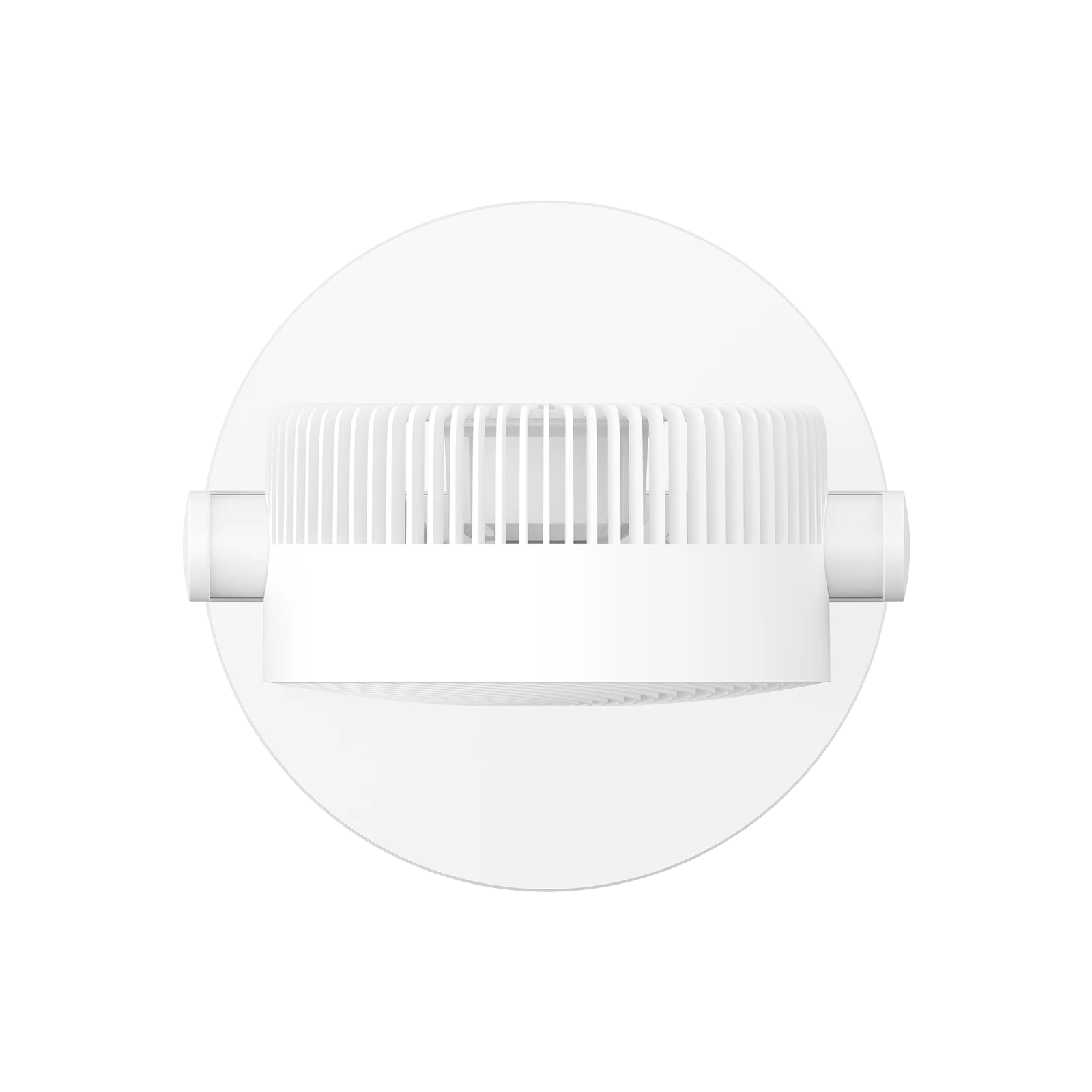 Biała lampa sufitowa, okrągła z centralną, pionowo żebrowaną sekcją. Dwa boczne przedłużenia dopełniają konstrukcję.