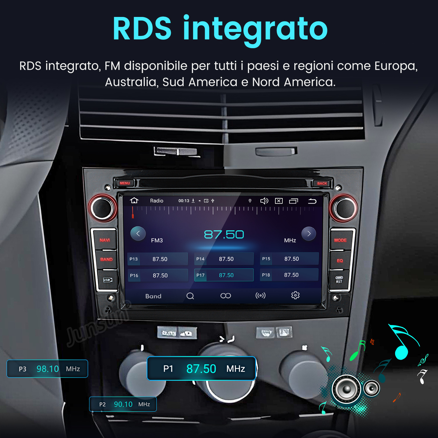 Autoradio con RDS. Lo schermo visualizza le informazioni radio FM e i pulsanti. Lo sfondo è l'interno di un'auto.