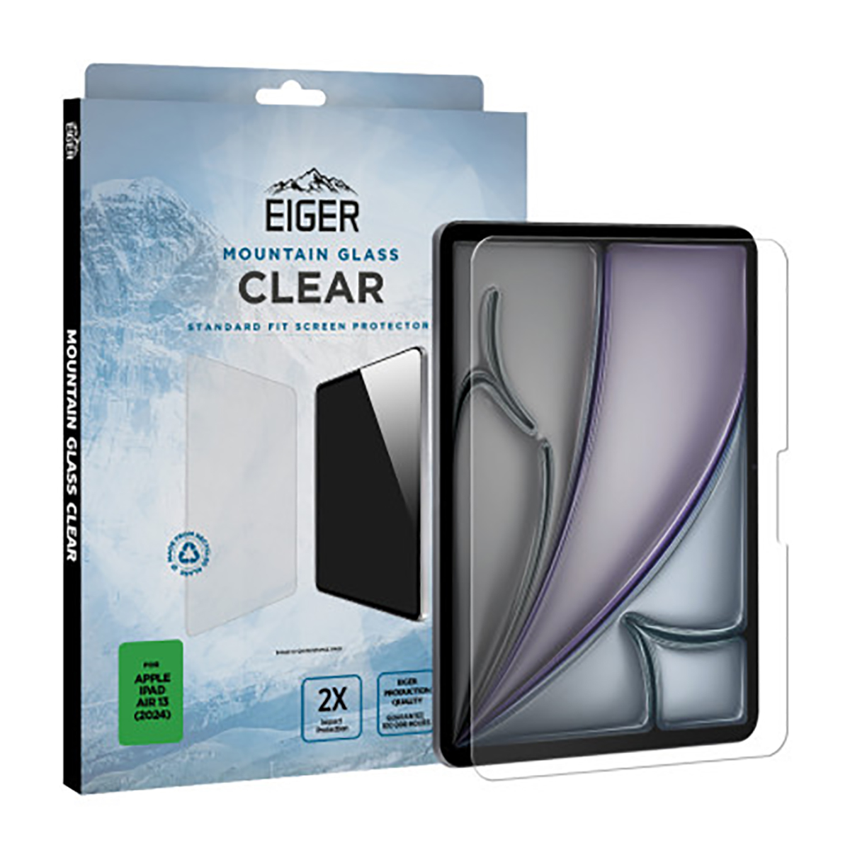 Een schermbeschermerdoos en een tablet, de doos toont een berg met de productnaam. De schermbeschermer is helder.