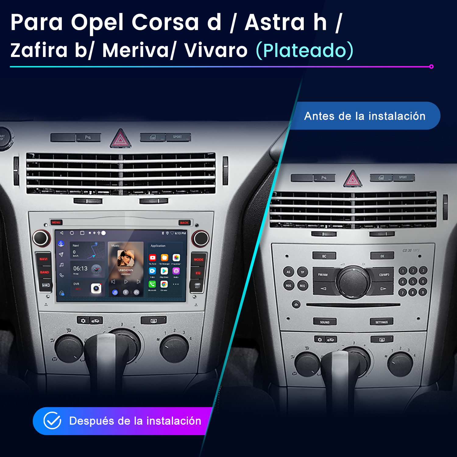 Comparación del salpicadero: antes y después de la instalación de la radio. La radio nueva tiene pantalla, la vieja botones y reproductor de CD.