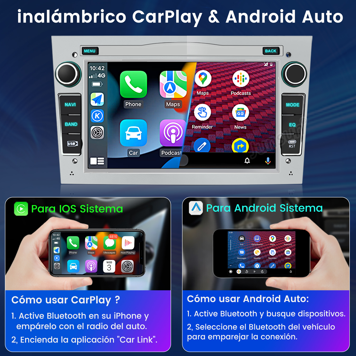 Pantalla de radio de coche con iconos de aplicaciones. Debajo, instrucciones para configurar CarPlay y Android Auto en teléfonos inteligentes.