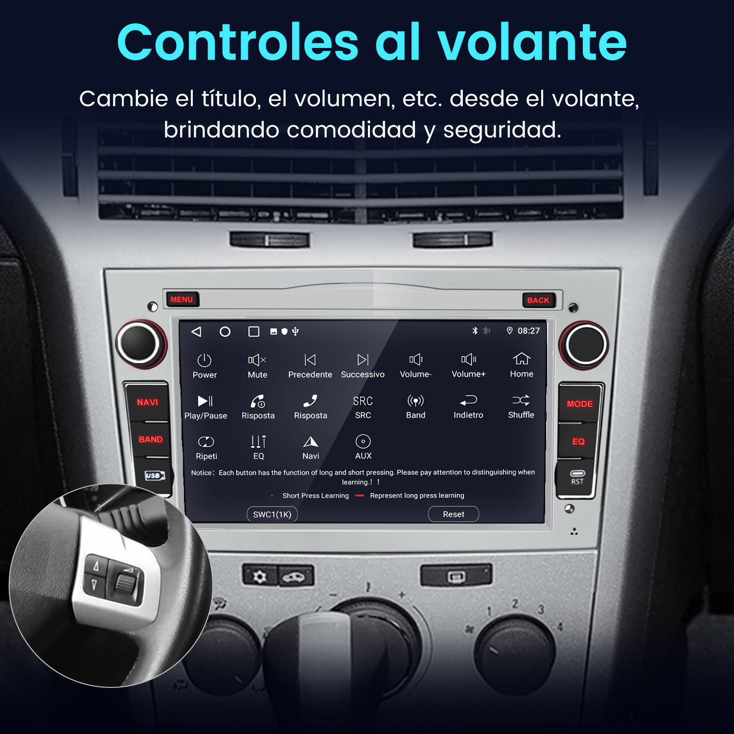 Autorradio con botones. Controles del volante visibles. Texto en español: 'Controles en el volante'.