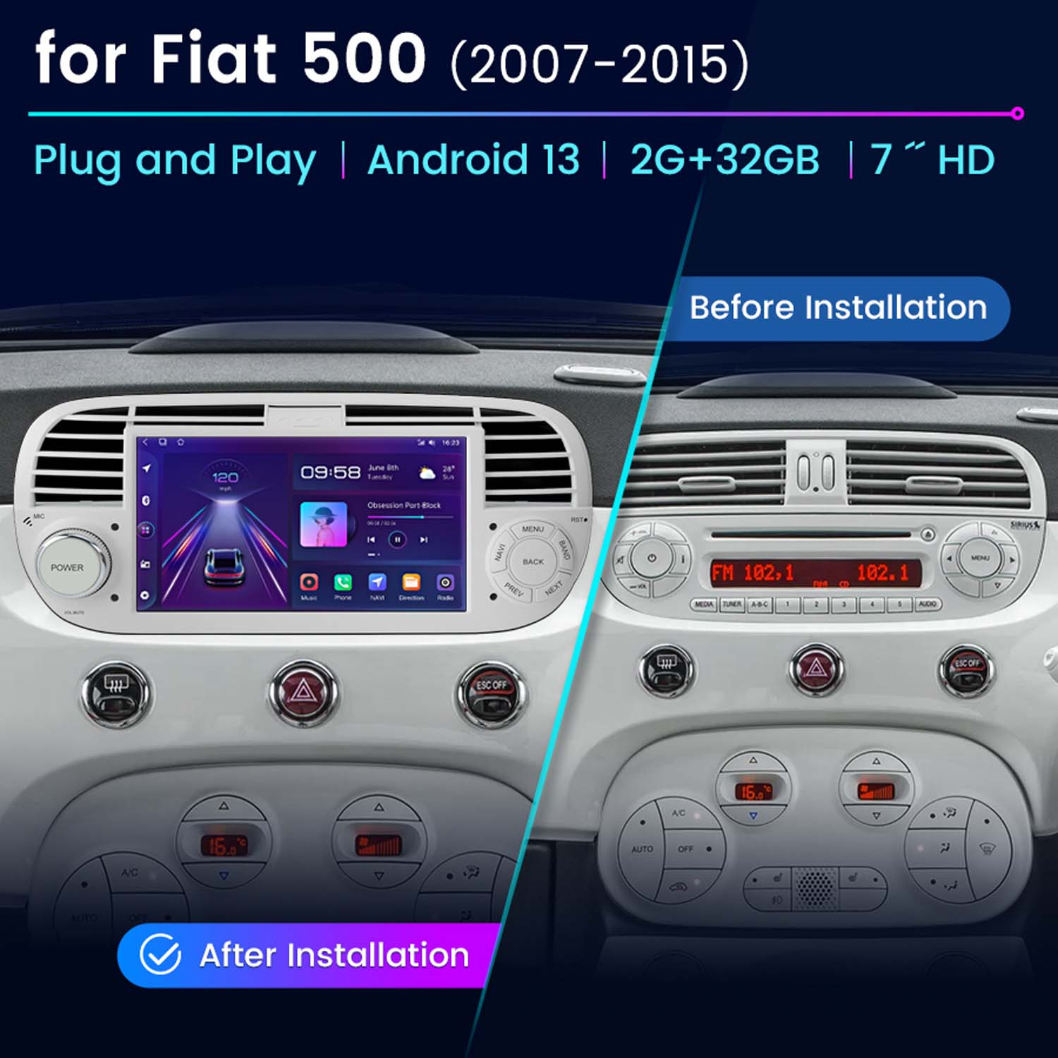 Confronto del cruscotto della Fiat 500: Prima e dopo l'installazione. Nuovo schermo Android installato, in sostituzione della vecchia radio.