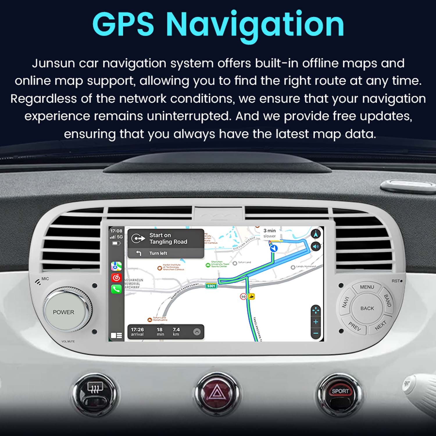 Sistema di navigazione per auto con display mappa, che mostra indicazioni e dettagli del percorso. Pulsanti sul cruscotto per il controllo.