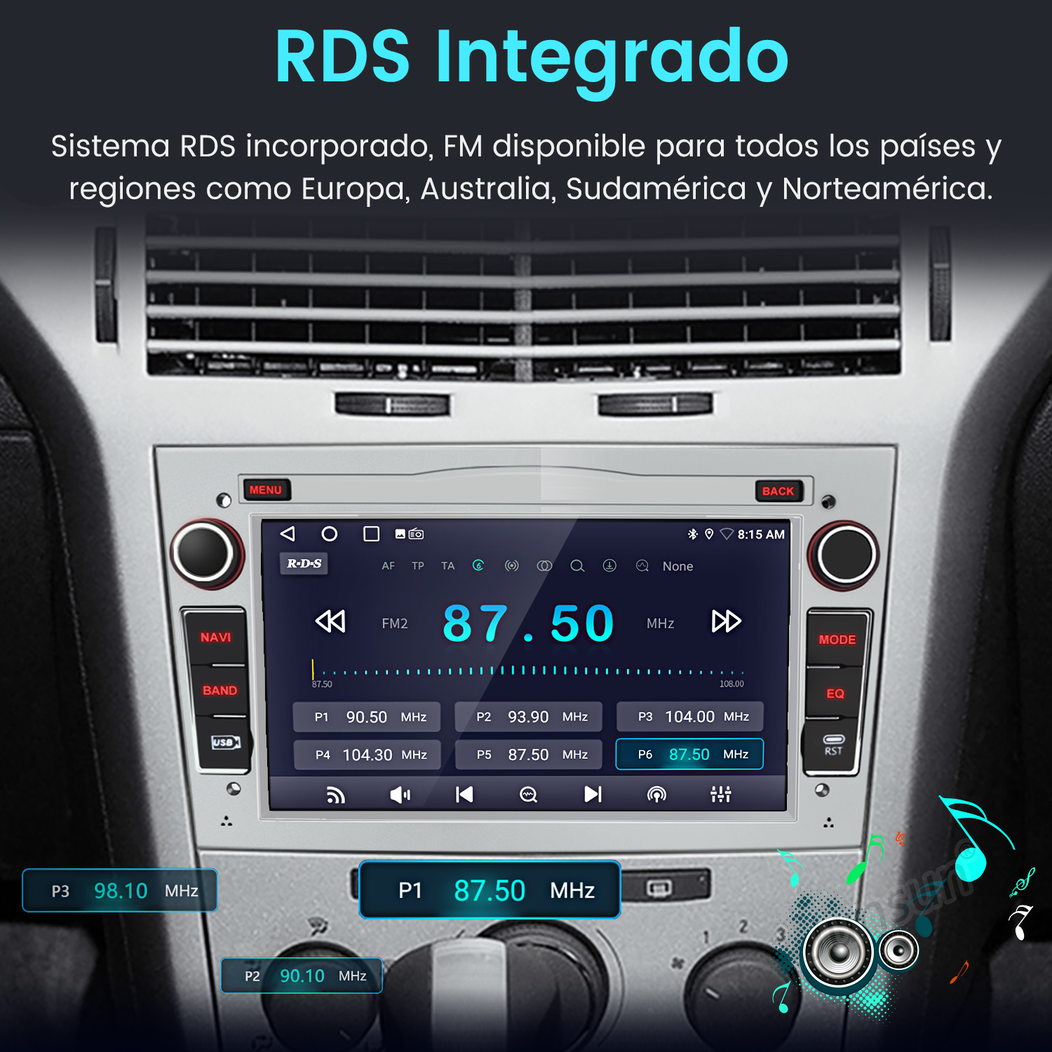 Radio de coche que muestra la frecuencia FM 87,50 MHz. Son visibles los botones de navegación, banda y USB. La pantalla muestra varias emisoras preestablecidas.