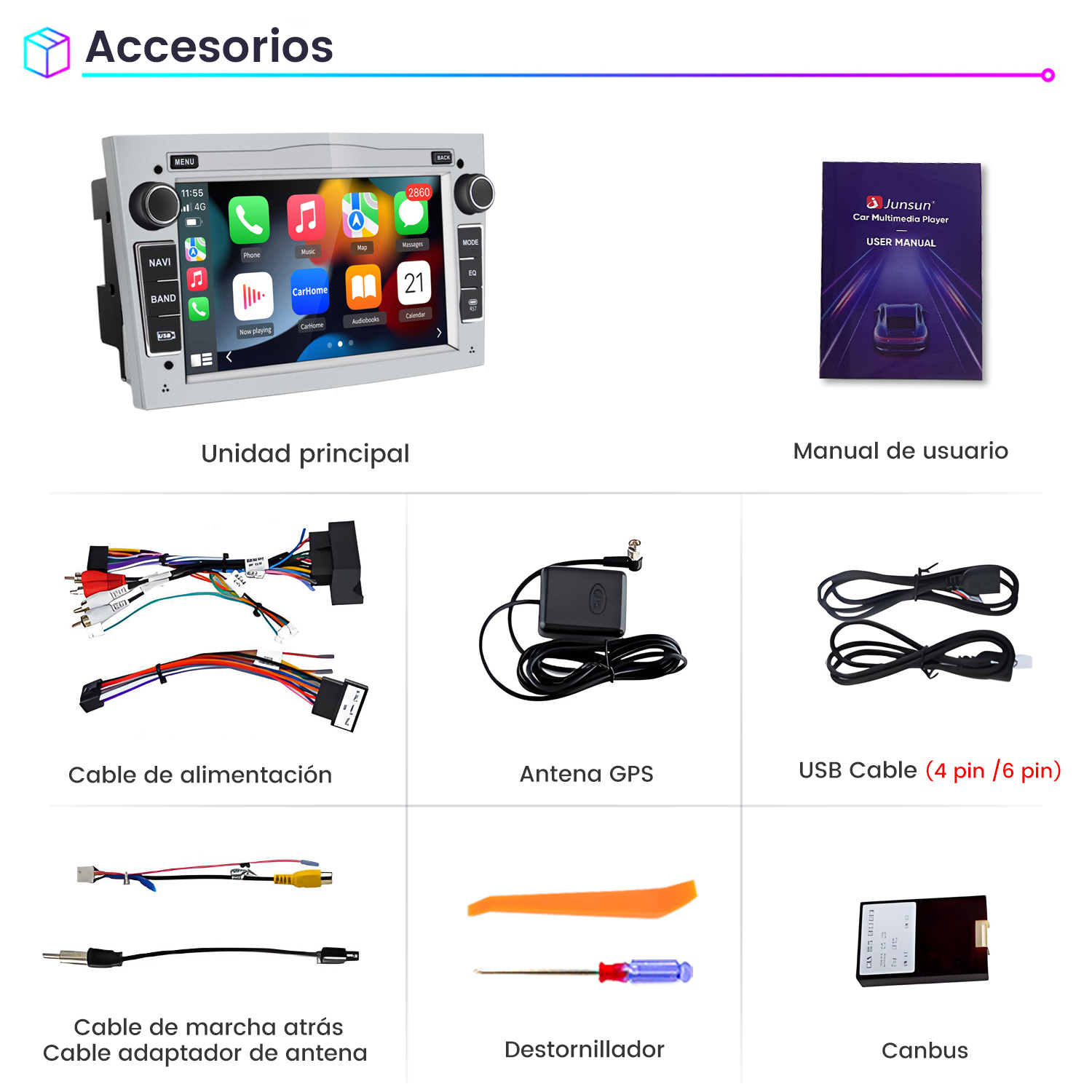 Los accesorios multimedia para automóvil incluyen una unidad principal, manual de usuario, cable de alimentación, antena GPS, cable USB, cable de cámara de marcha atrás y herramientas.