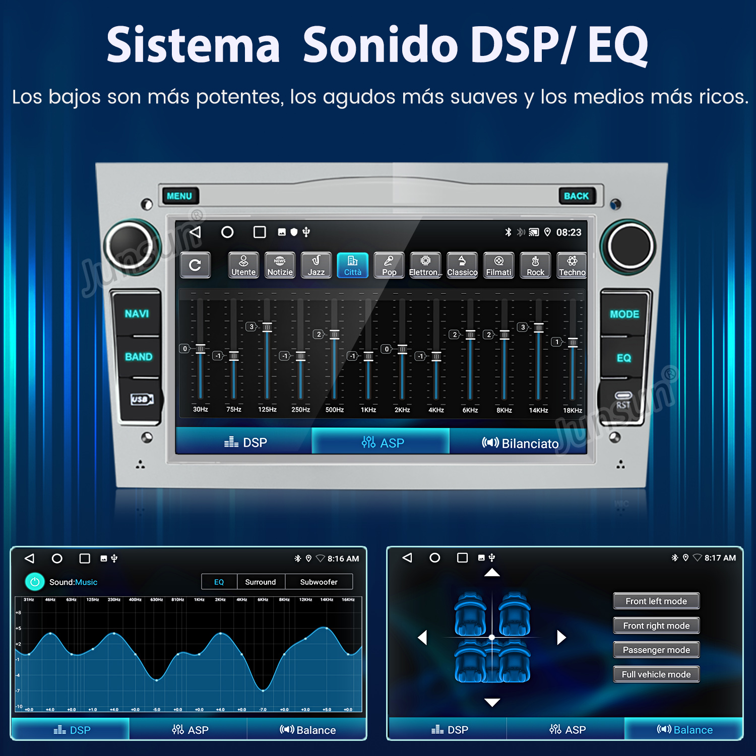 Interfaz del sistema de audio del coche que muestra la configuración de EQ, DSP y balance. Muestra frecuencias, modos y hora. Texto en español.