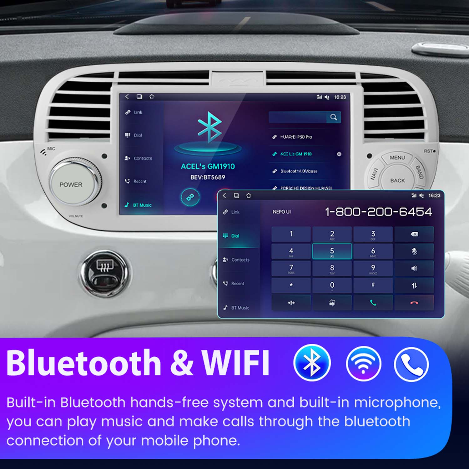 Cruscotto dell'auto con touchscreen che mostra le opzioni Bluetooth e una tastiera telefonica. Il testo dice Bluetooth & WIFI.