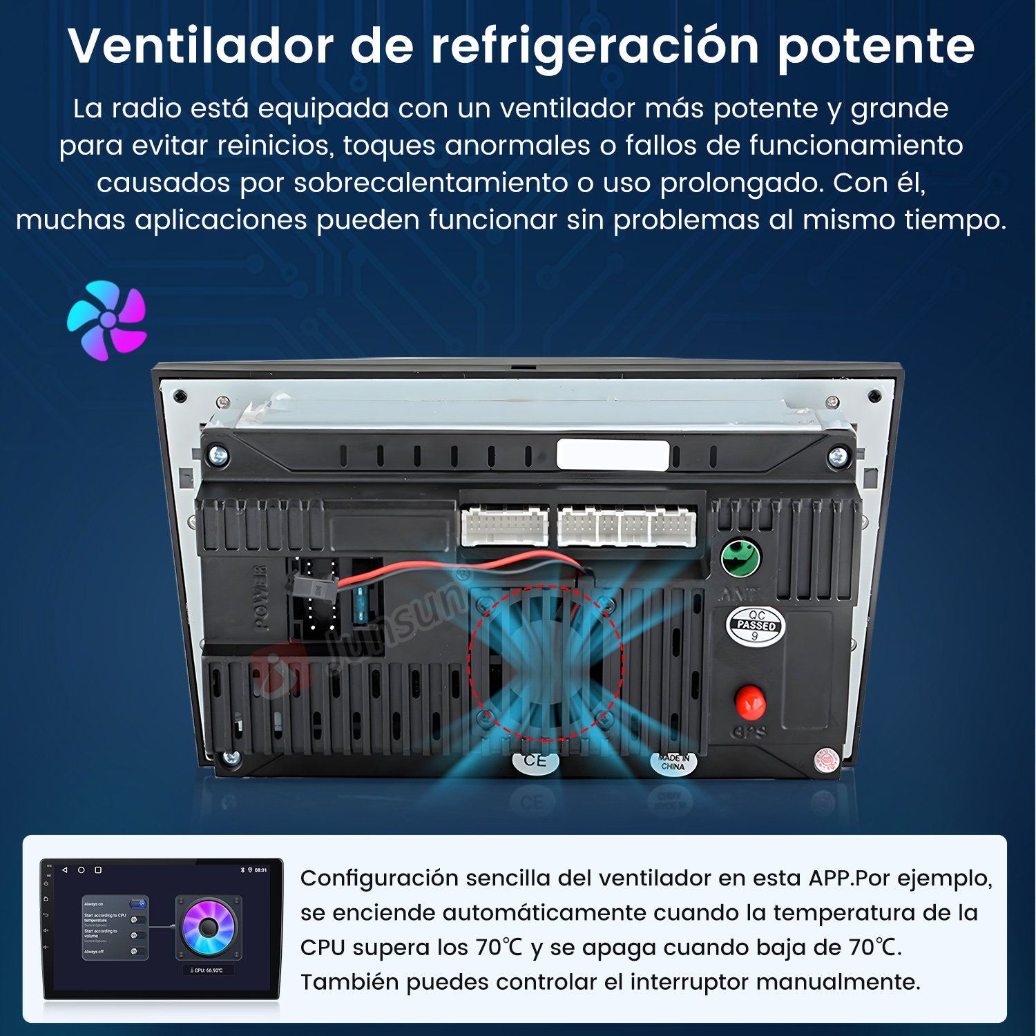 Componente de radio con ventilador. El texto explica la función del ventilador para evitar el sobrecalentamiento. Muestra una pantalla con detalles de temperatura.
