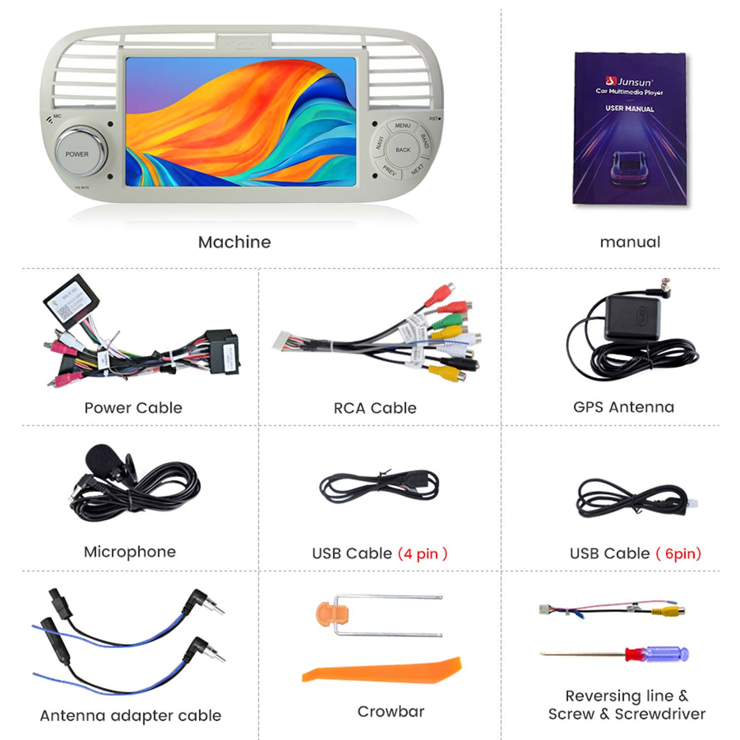 Immagine dei componenti di un lettore multimediale per auto. Include macchina, cavi, microfono, manuale e strumenti per l'installazione.