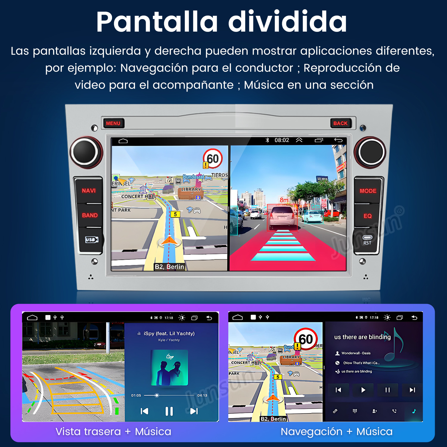 Pantalla del coche que muestra navegación y música con opción de vista trasera. La pantalla está dividida en diferentes aplicaciones.