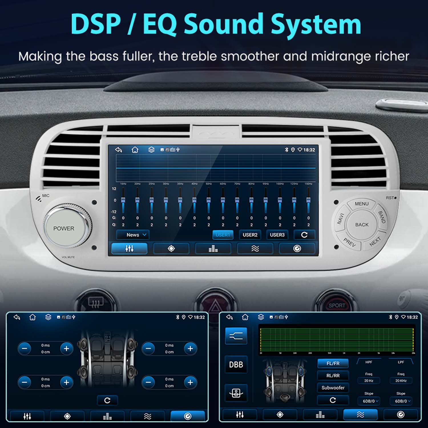Autoradio con impostazioni equalizzatore sullo schermo. Mostra regolazioni audio e comandi per la personalizzazione.