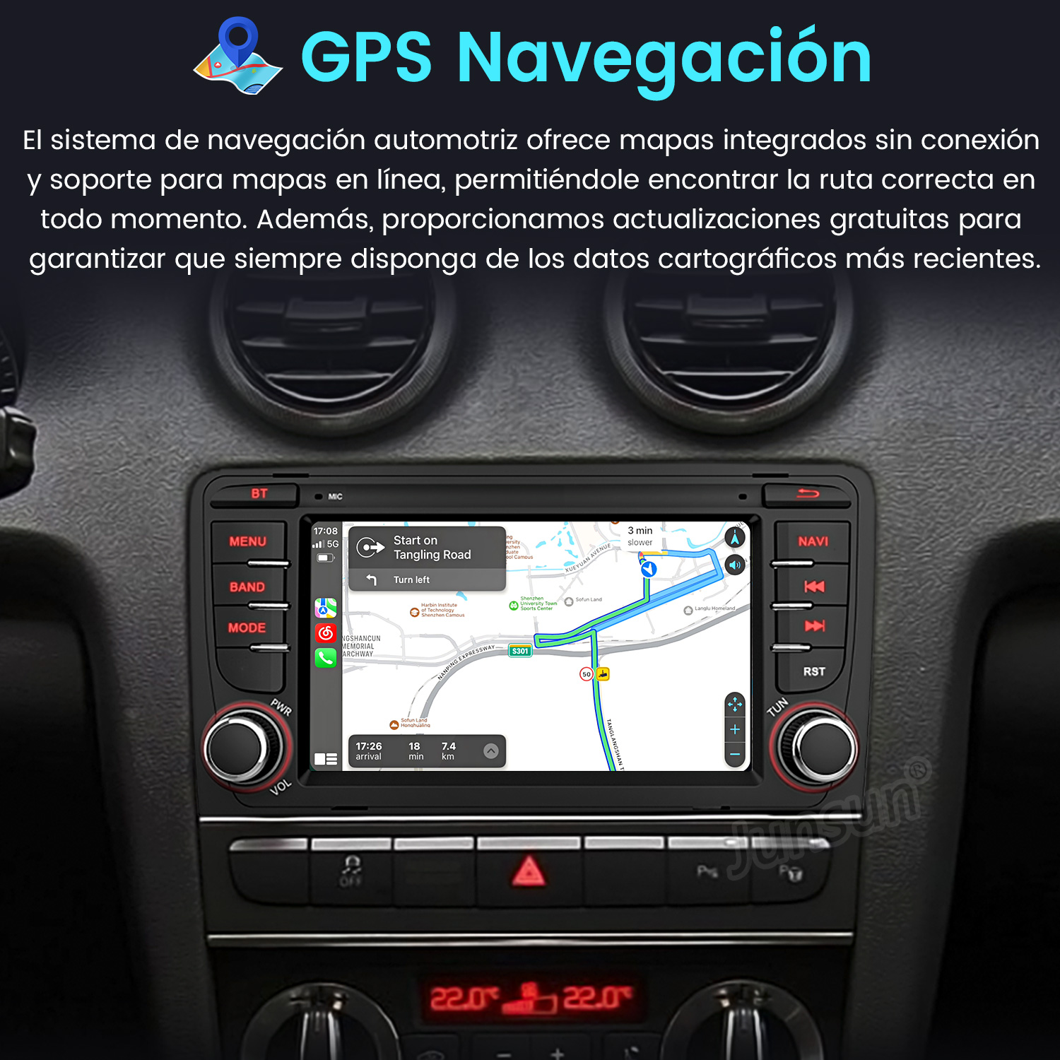 Sistema de navegación del coche con visualización de mapas. Muestra la guía de ruta. Controles y botones en el salpicadero. Pantalla de temperatura.