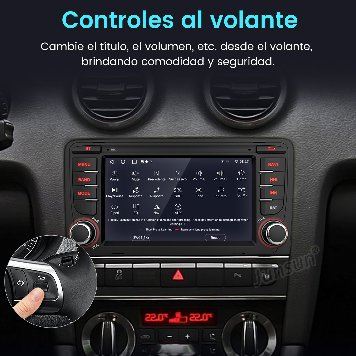 Panel de control del coche con pantalla. Una mano pulsa un botón en el volante. Texto en español.