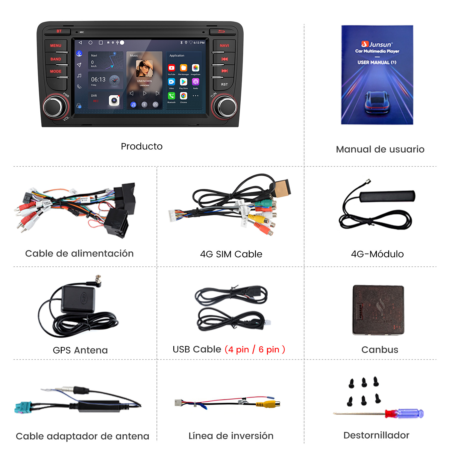 La imagen muestra un reproductor multimedia para automóvil con varios componentes, incluidos cables, antenas, un manual y un destornillador.