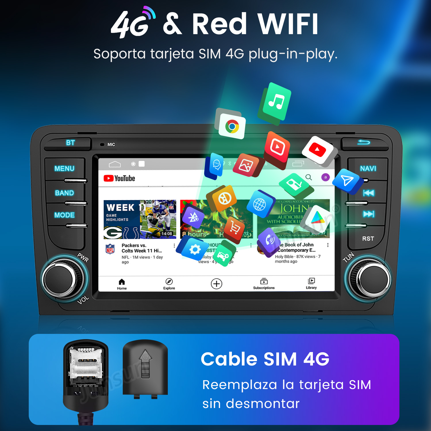 Sistema multimedia para coche con interfaz de YouTube, iconos y ranura para tarjeta SIM. Texto: 4G & Red WIFI, Cable SIM 4G.