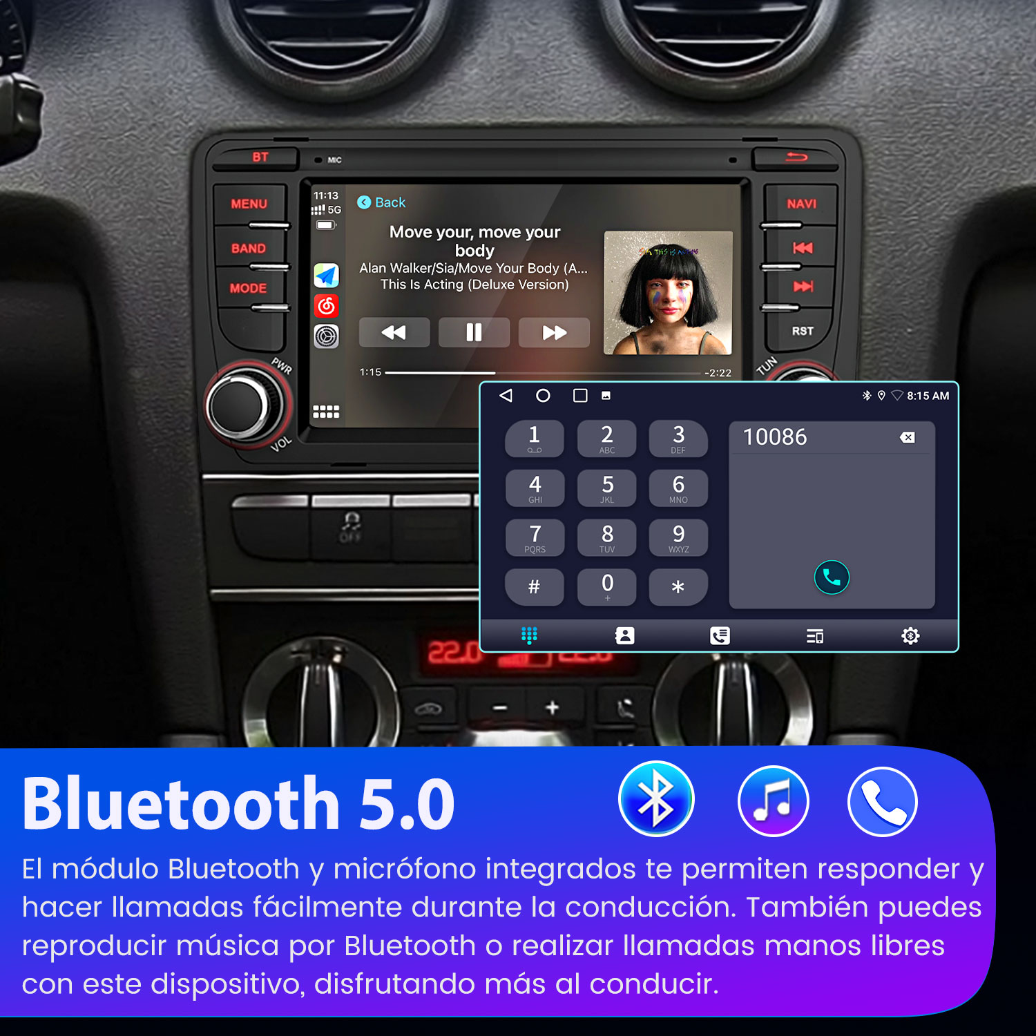 Pantalla de radio de coche mostrando música y teclado. Incluye botones, control de volumen y texto Bluetooth 5.0 abajo.