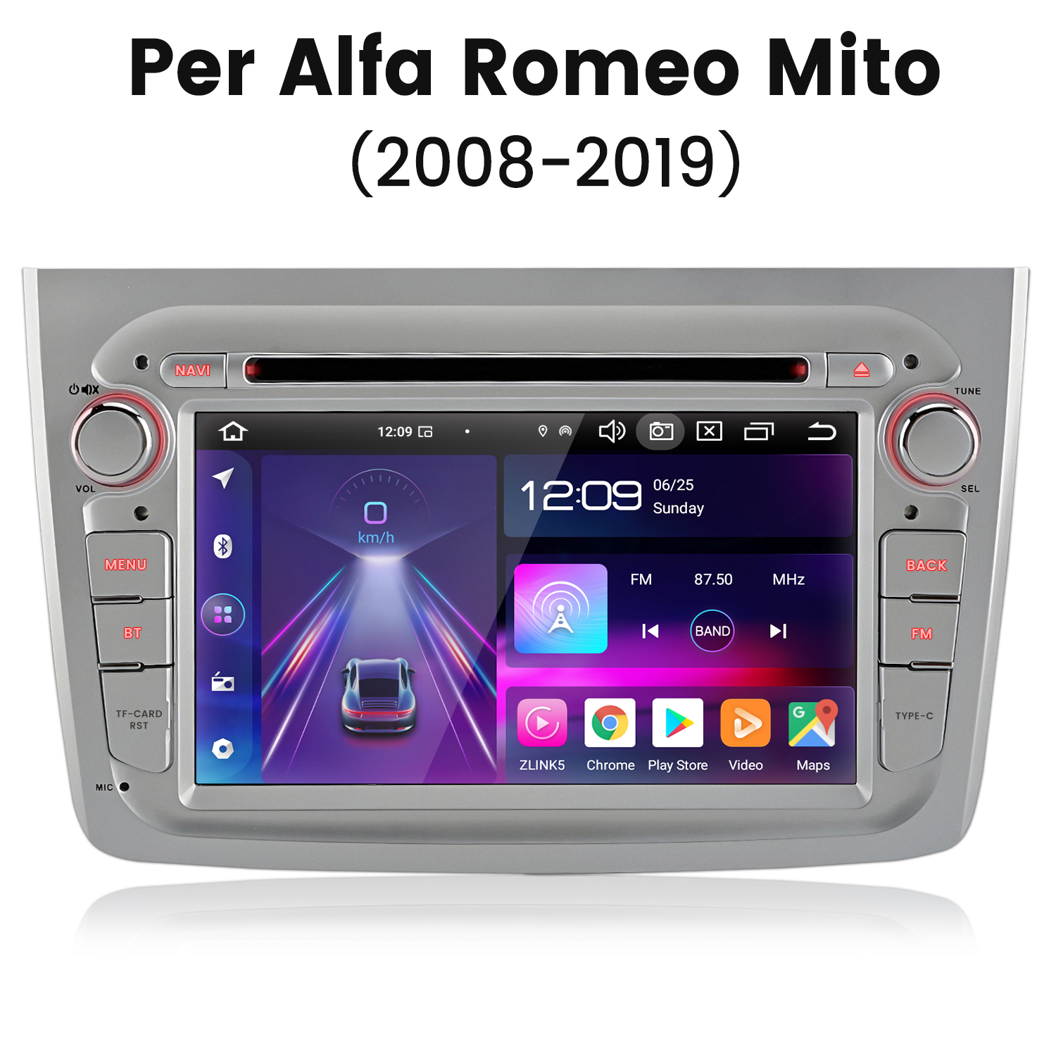 Autoradio per Alfa Romeo Mito. Visualizza ora, info radio e icone app. Comandi volume e sintonizzazione.