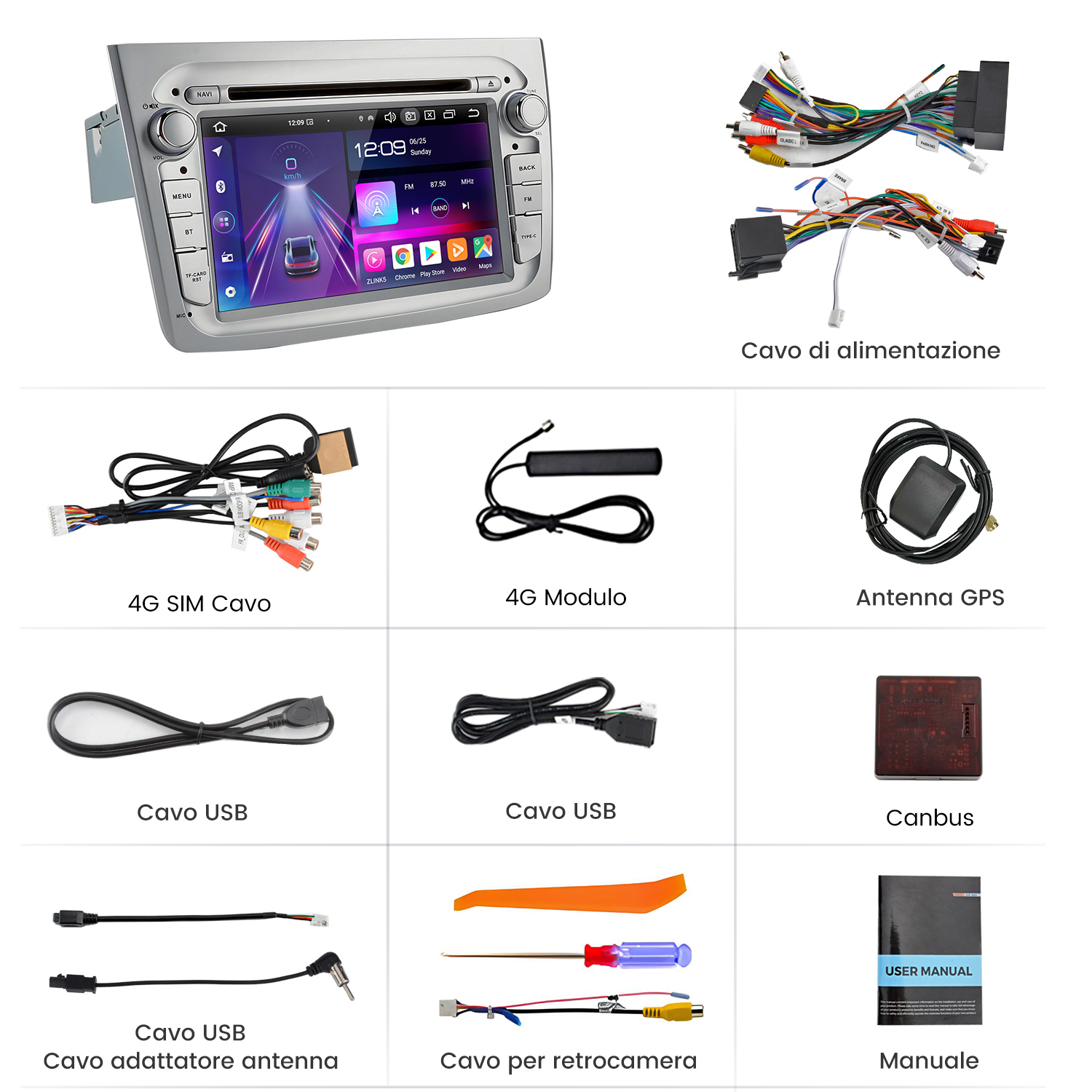 Un sistema di intrattenimento per auto con vari componenti, tra cui cablaggio, antenna GPS e manuale utente, per l'installazione.