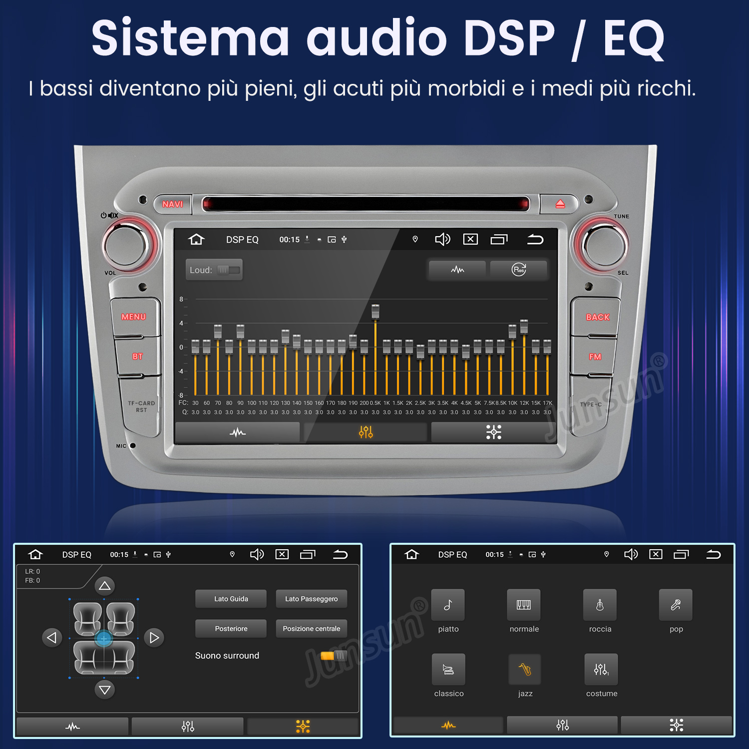 Schermo del sistema audio dell'auto che mostra le impostazioni dell'equalizzatore, con pulsanti e opzioni per la regolazione del suono.