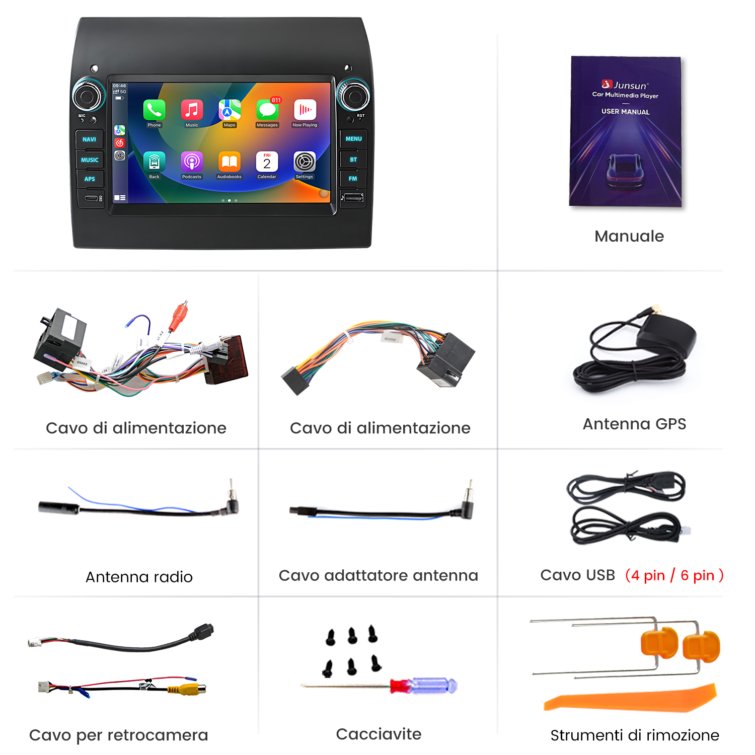 Autoradio multimediale con touchscreen, accessori inclusi cavi, antenne e manuale utente. Include anche strumenti.