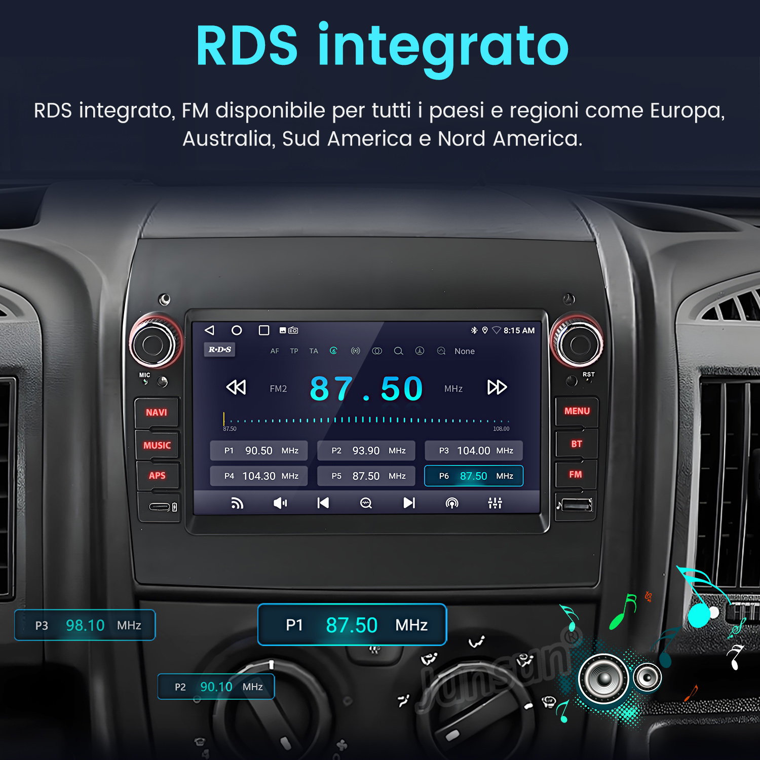 Lo schermo della radio dell'auto mostra le informazioni RDS, con frequenza FM 87,50 MHz. Pulsanti per menu, BT e FM sono visibili.