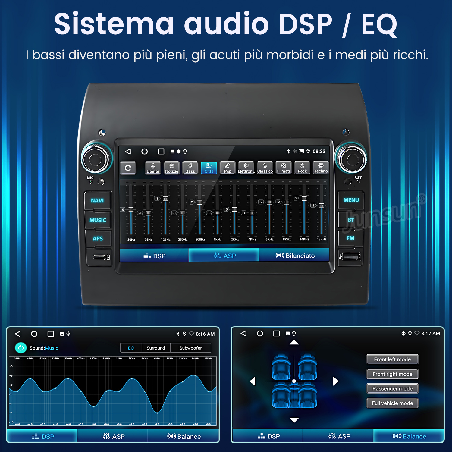 Interfaccia del sistema audio dell'auto con impostazioni dell'equalizzatore e controlli del bilanciamento degli altoparlanti.